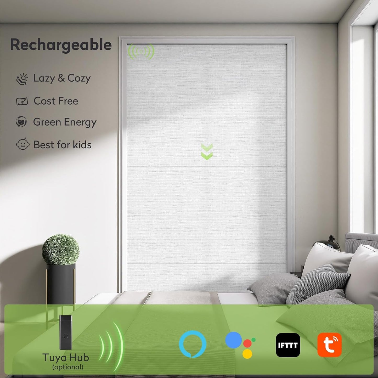 ZSTARR Smart Roman Shades Rechargeable Motorized Blinds with Remote Light Filtering Roman Window Shades Plain Fold Soft for Doors Bedroom, Custom Size (Light White)