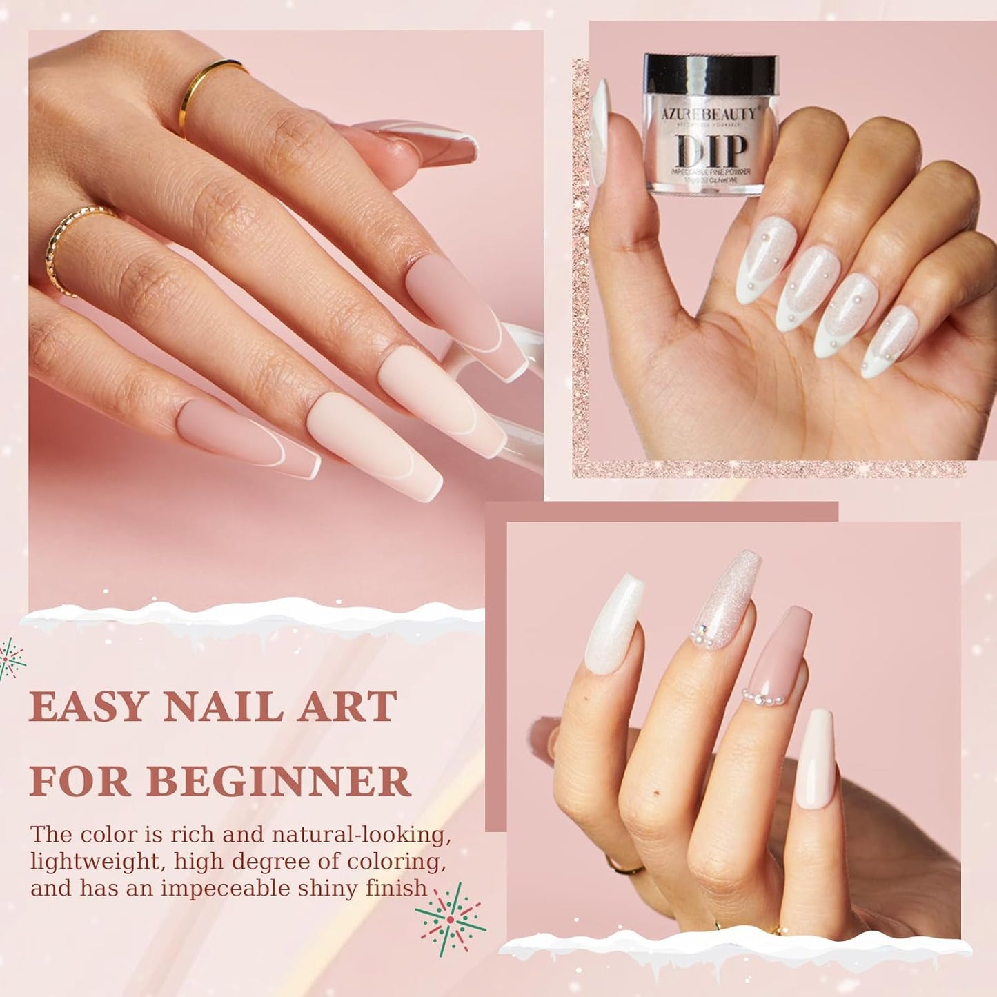 AZUREBEAUTY Dip Powder Nail Kit Starter, All Season Nude Skin Glitter 4 Colors Dipping Powder Liquid Set Recycling Tray with Base & Top Coat Activator for French Nail Art Manicure Salon DIY at Home.