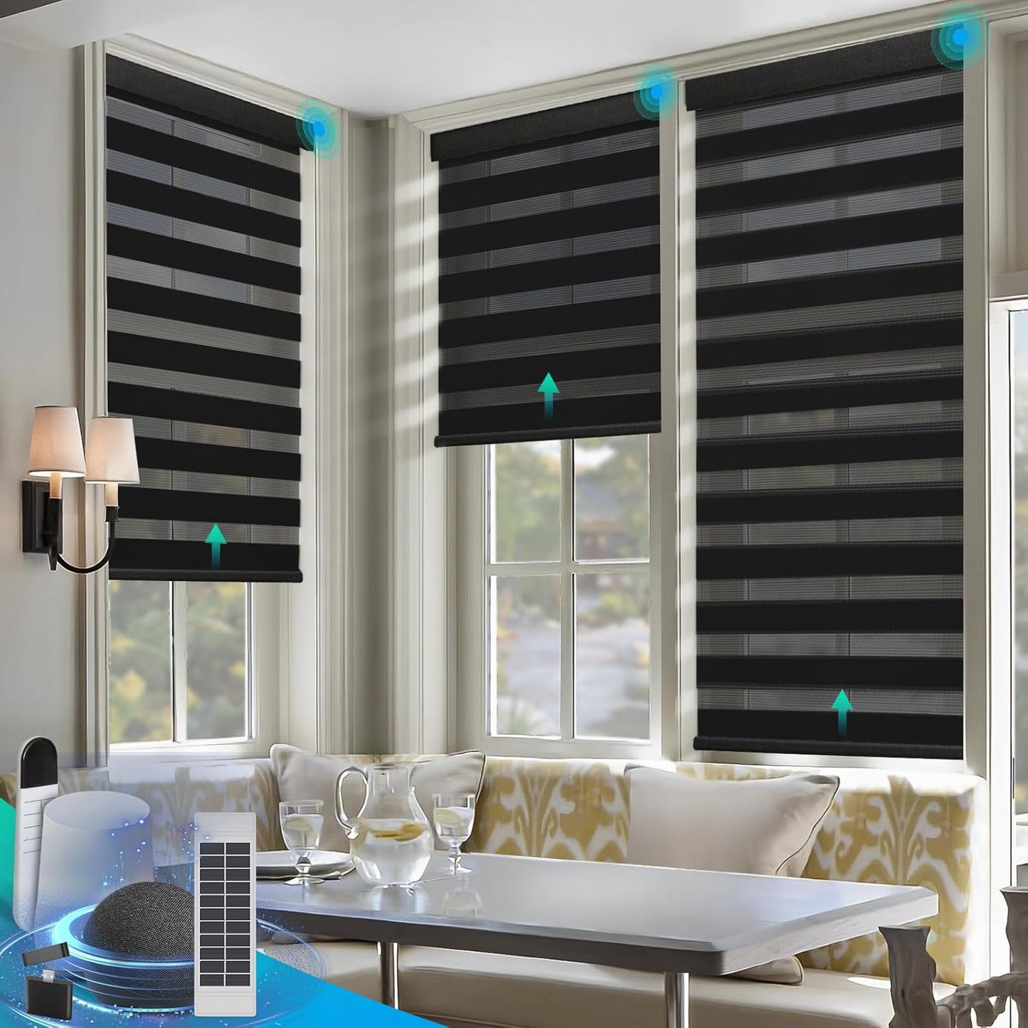 Motorized Zebra Blinds, Solar Powered Dual Layer Automatic Shades with Remote Control, Rechargeable Smart Blinds Horizontal Wireless Electric Shades for Windows, Custom Size, Black,33½ x 72