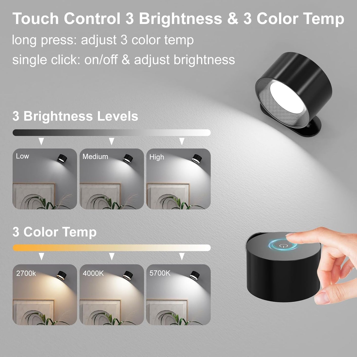 Koopala 2PCS Rechargeable Battery Operated LED Wall Lamps, Wall Mounted Lights with 3 Brightness 3 Color Temp Removable Charging 360°Rotate Magnetic, Cordless Wall Sconces for Reading Bedside-Black