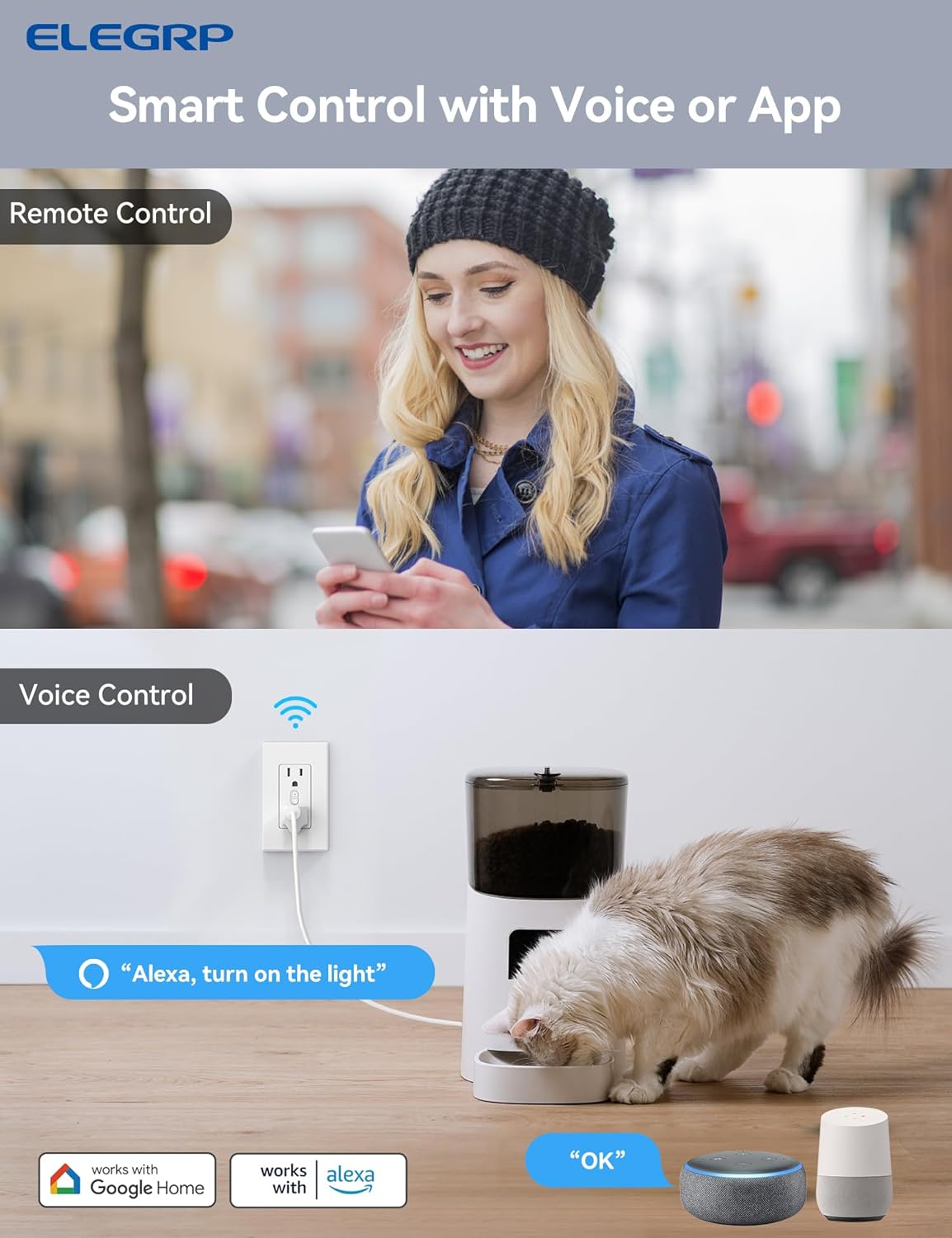 ELEGRP Smart Plug, Smart in-Wall Outlet Compatible with Alexa and Google Assistant, 2.4GHz Wi-Fi Smart Receptacle with Energy Monitoring, No Hub Required, UL Listed, White, 2 Pack