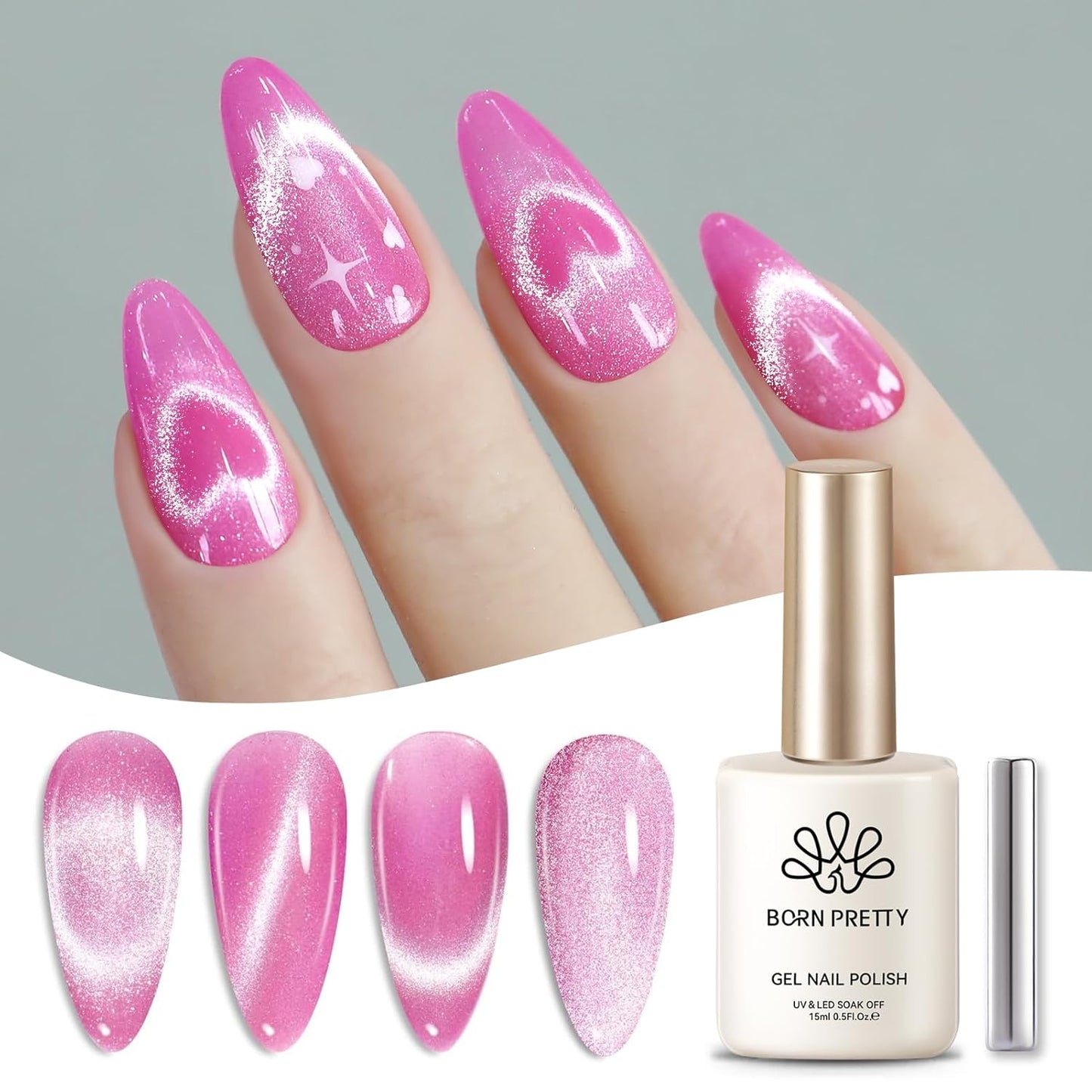 Born Pretty Cat Magnetic Eye Gel Nail Polish,Pink Glitter Cat Magnetic Gel Nail Polish Love Letter Magnetic Nail Polish for Nail Art Manicure Salon DIY at Home 15ML