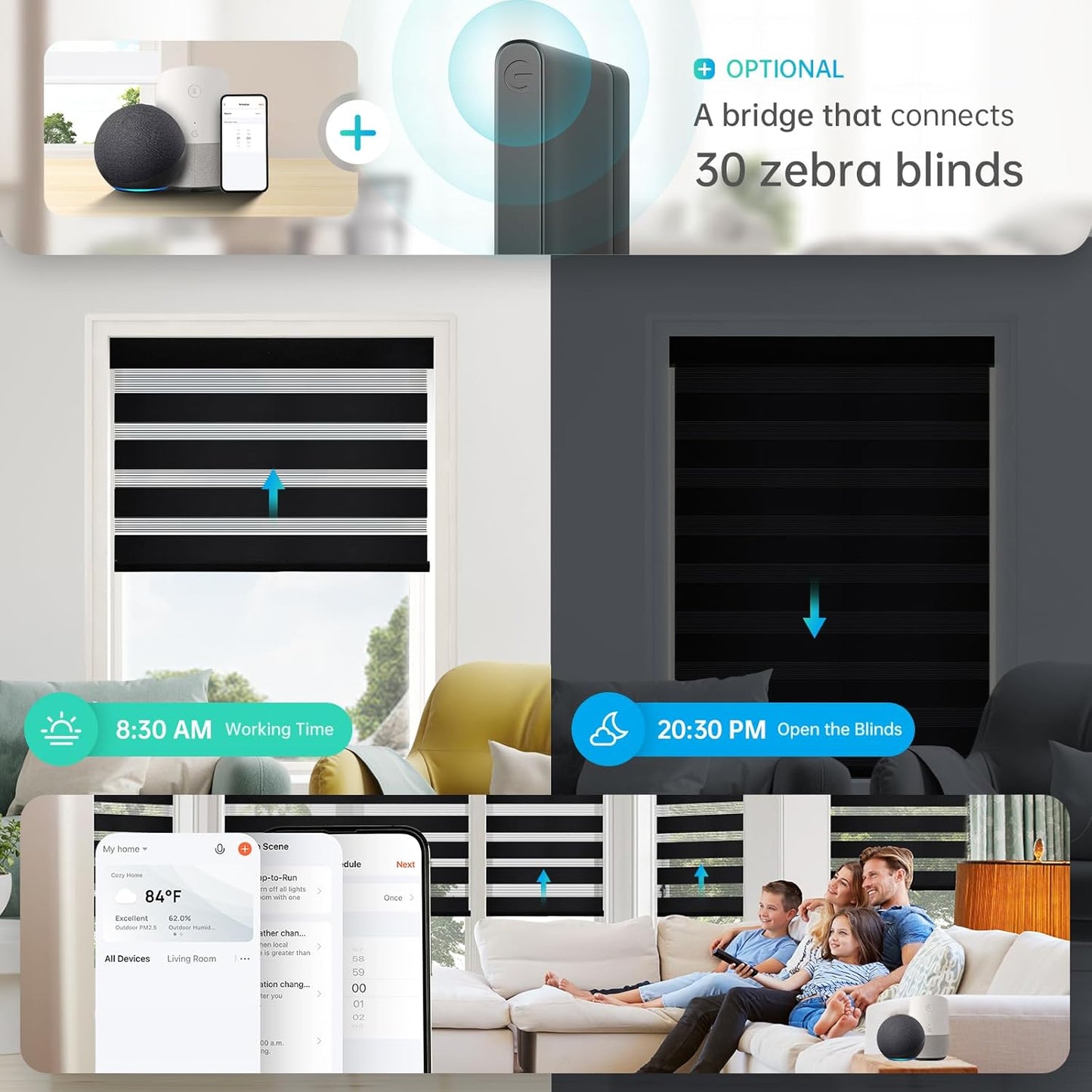 Motorized Zebra Blinds, Solar Powered Dual Layer Automatic Shades with Remote Control, Rechargeable Smart Blinds Horizontal Wireless Electric Shades for Windows, Custom Size, Black，34¼ x 72