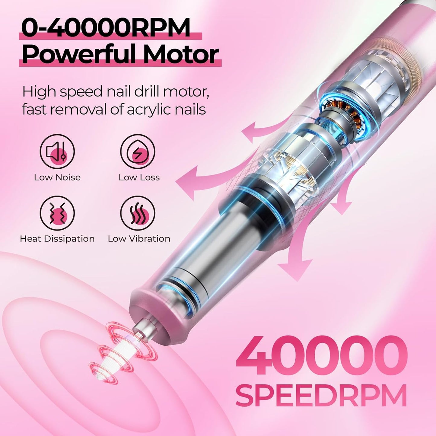 Electric Nail Drill Professional: 40000RPM Electric Nail File Kit E File Nail Drill Machine with LCD Display for Acrylic Gel Nail, Manicure Pedicure Polishing Nail Grinder for Salon Home Use