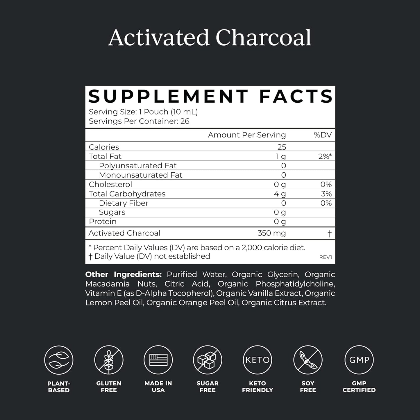 CYMBIOTIKA Activated Charcoal Liquid Supplement Packets from Coconuts for Bloating, Gut Health & Digestive Support, Helps Detox, Vitamin E, Lemon Cream Flavor, Vegan, 26 Pack