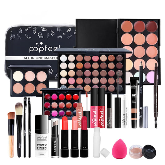 All in One Makeup Kit For Beginners Full Kit, Full Makeup Kit For Teen Girls, Makeup Gift Set, Include Eyeshadows, Concealer, Cosmetic brush, Lip Gloss, Lipstick, Powder puff, Mascara -005