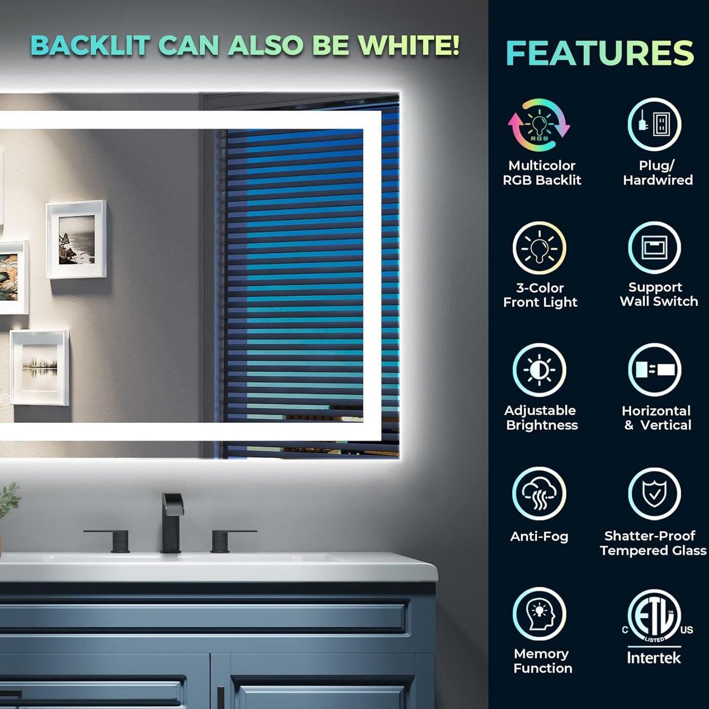 60x36 Inch RGB LED Bathroom Mirror Front Light and RGB Backlit Lighted Vanity Mirror for Bathroom Wall Mounted Dimmable Anti Fog Memory Shatter-Proof IP54 Waterproof Horizontal/Vertical