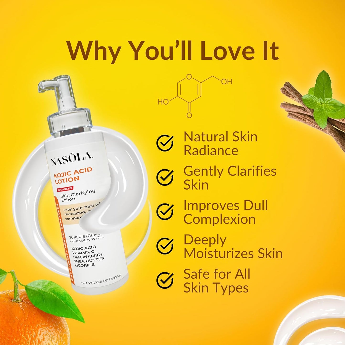 Kojic Acid Lotion Natural Skin Clarifying for Face & Body with Vitamin C, Niacinamide, Shea Butter, Licorice & Green Tea for Complexion Revitalization, Women & Men