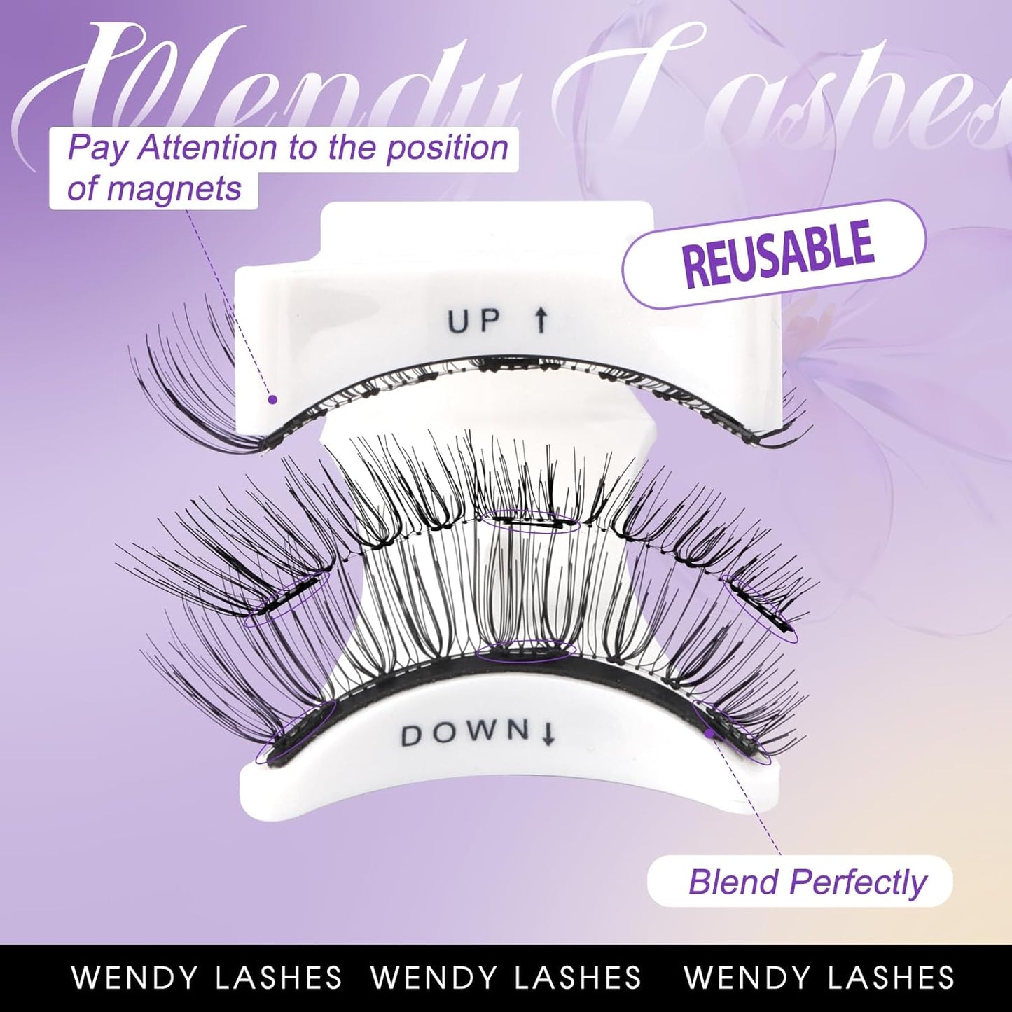 2-Pairs Magnetic Eyelashes Kit with Applicator: Natural Reusable Soft Waterproof False Lash, No Glue Needed, Wendy Lashes, A, K8+604