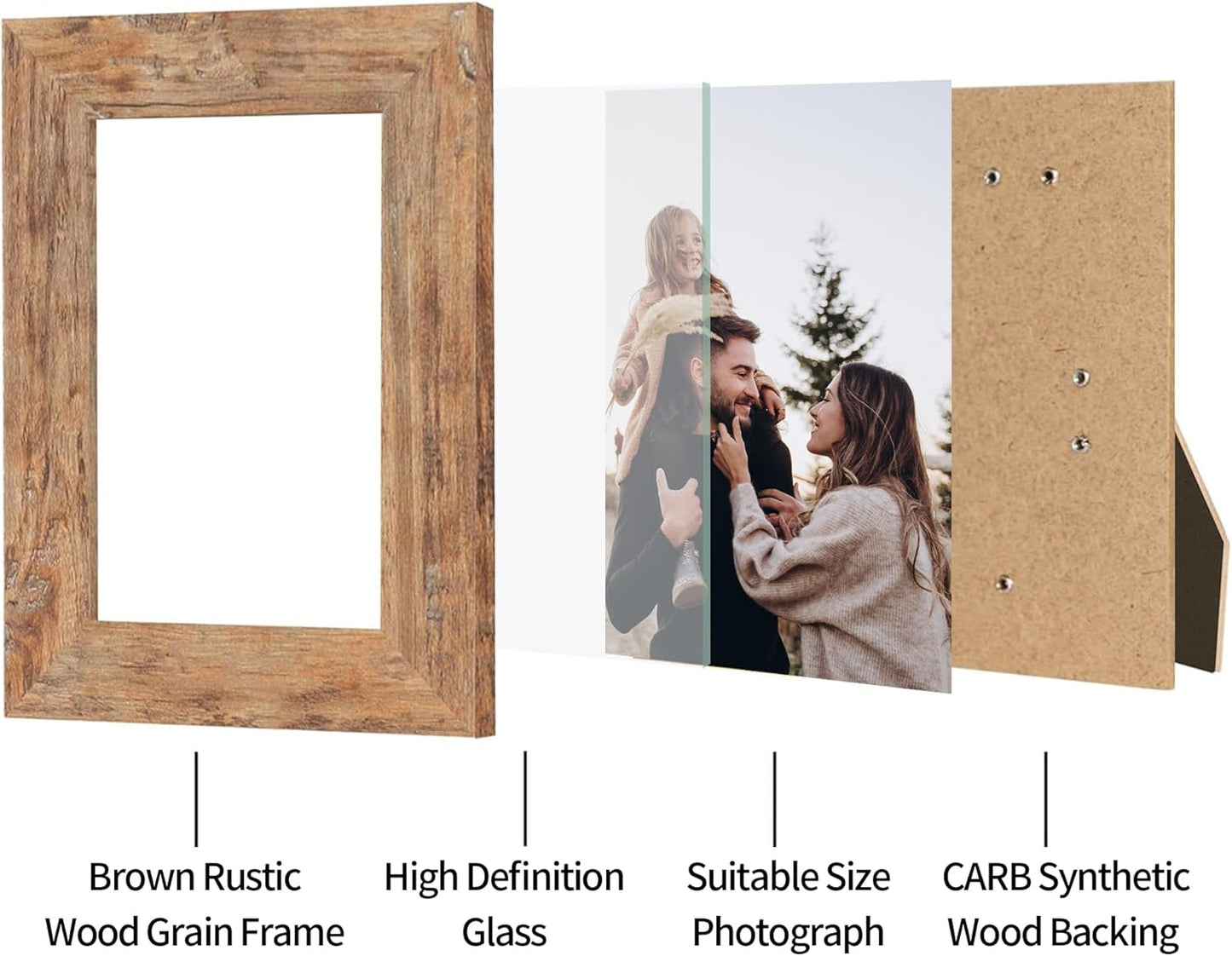 iRahmen 5x7 Picture Frame Set of 4 with High Definition Real Glass, Mixed Color Wood Photo Frames for Desktop Display and Wall Mounting