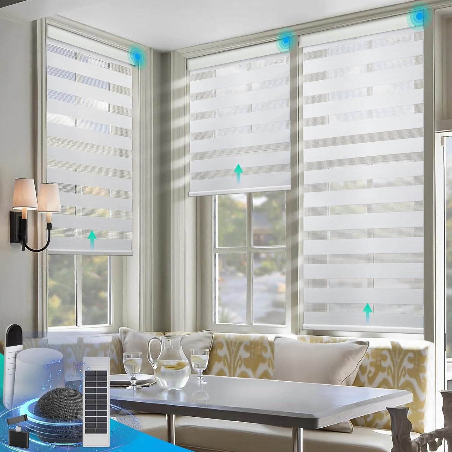 DENFOON Motorized Zebra Blinds, Solar Powered Dual Layer Automatic Shades with Remote Control, Rechargeable Smart Blinds Horizontal Wireless Electric Shades for Windows, Custom Size, White， 33½ x 72