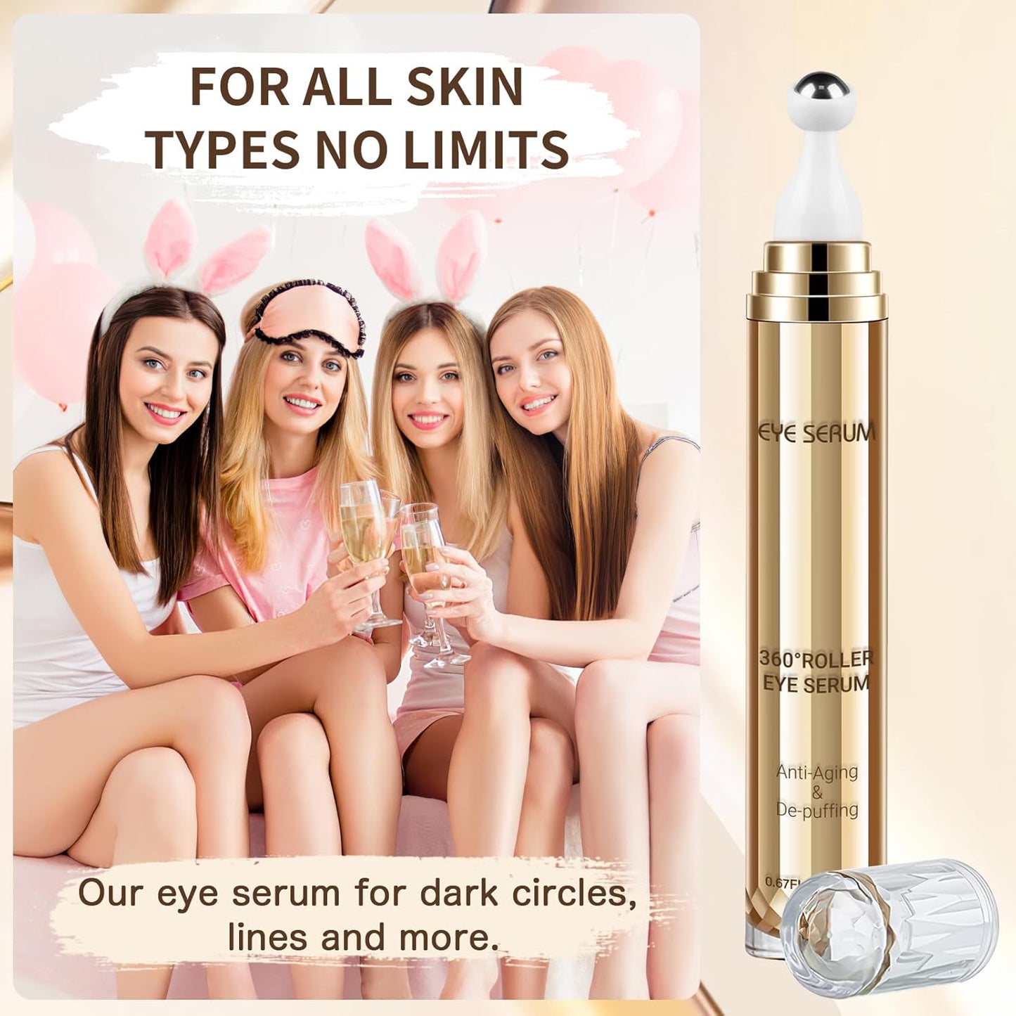 Caffeine Eye Serum, 0.67 Fl. Oz. Under Eye Cream for Dark Circles and Puffiness Eye Care Eye Serum Anti Aging with 360° Massage Ball Reduce Eye Bags, Wrinkles and Fine Lines