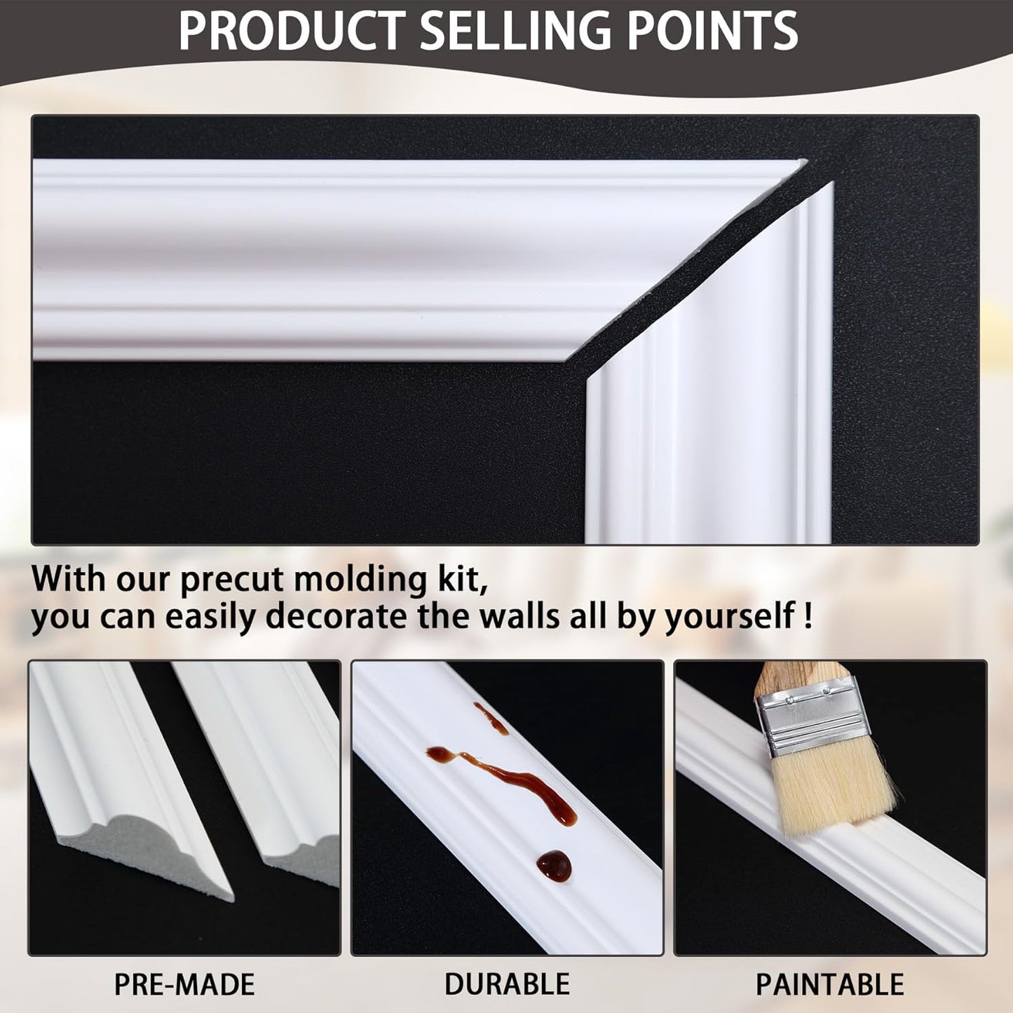 3-Frame 16" x 16" Premade Accent Wall Molding Kit, Ready-to-Assemble Wainscoting Panels, Pre-Cut Chair Rail Moulding Trim Picture Frame for Home Décor