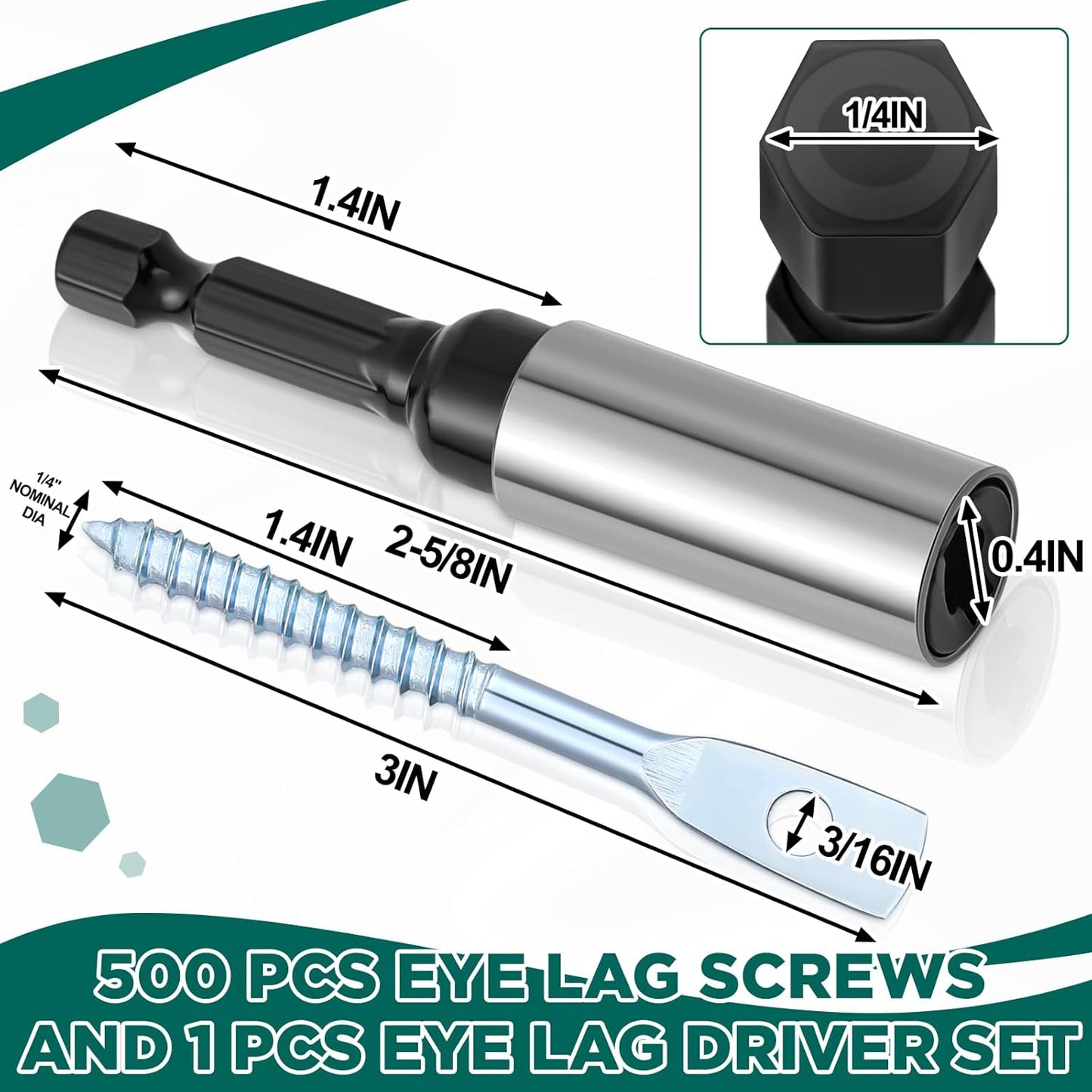 500 Pcs Eye Lag Screws and 1 Pcs Driver Set, 1/4 Inch x 3 Inch Eye Lag Wood Screws Zinc Plated 2-5/8 Inch Quick Install Bit Kit for Use with Attaching Hanger Wire to Ceiling Joists