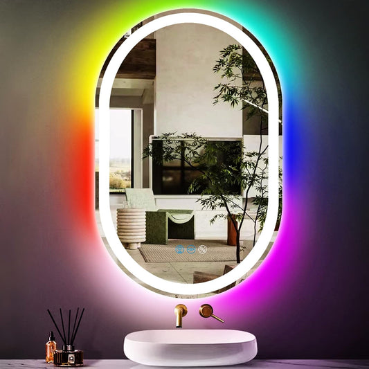 32 x 20 Inch RGB Oval Bathroom Mirror with Smart Dimmable 3 Color Front Lights & Rainbow Colorful Changing Backlit Oval Lighted Vanity Mirror for Bathroom Wall Horizontal or Vertical Mounted