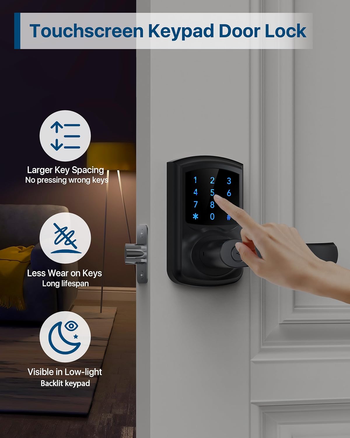 HIDALIFE Keyless Entry Door Lock with Keypad and Handle for Front Doors, Touchscreen Electronic Door Lock, Anti-peep Password, Auto-Locking, Matte Black