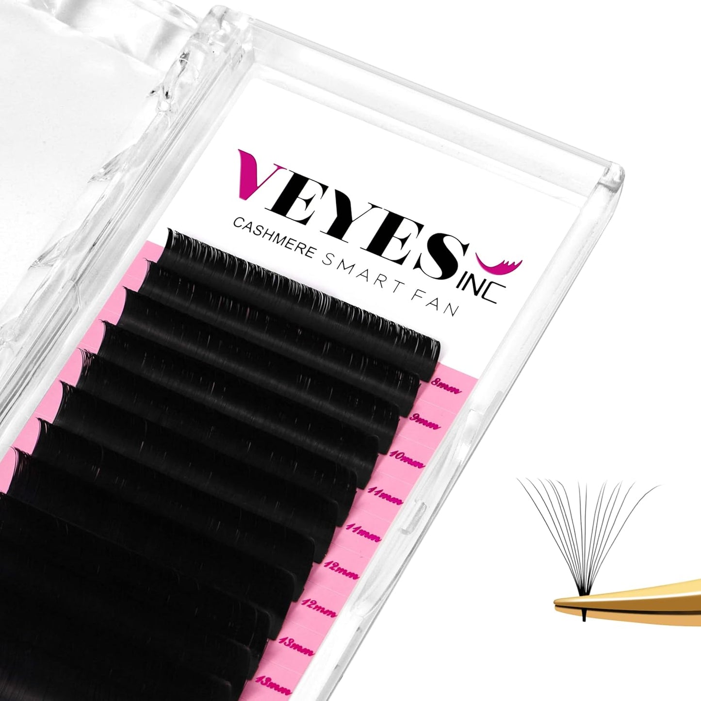 VEYES INC Cashmere Smart Fan Lash Extensions 0.03 0.05 0.07 C/CC/D Curl 8-20mm Mixed & Single Length, Super Matte Black Volume Lashes, Professional Supplies for Lash Techs (0.03 C 8mm)