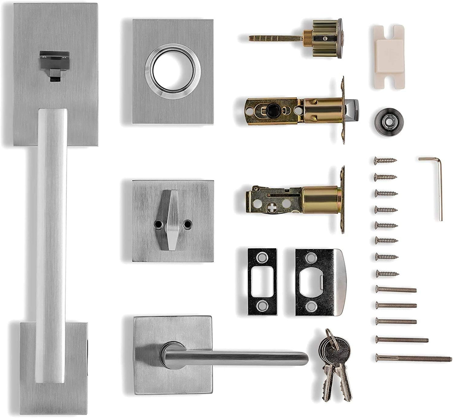 Berlin Modisch HandleSet Front Door Entry Handle and Deadbolt Lock Set Slim Square Single Cylinder Deadbolt and Lever Reversible for Right & Left Sided Doors Heavy Duty – Satin Nickel Finish