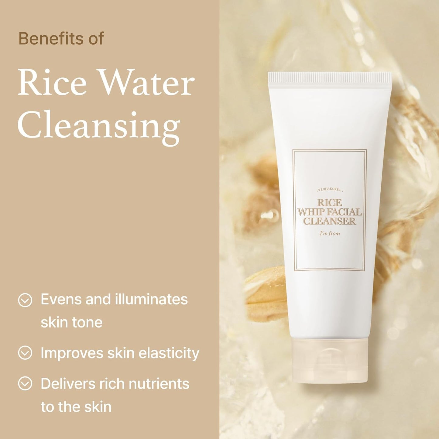 I'm from Rice Whip Facial Cleanser Set, 3 pcs Gift, Travel Kit with Rice Face Wash 5.07 fl oz & 1.01 fl oz & Rice Toner 1.01 fl oz, low-pH Rice Water Face Wash for sensitive, dry skin