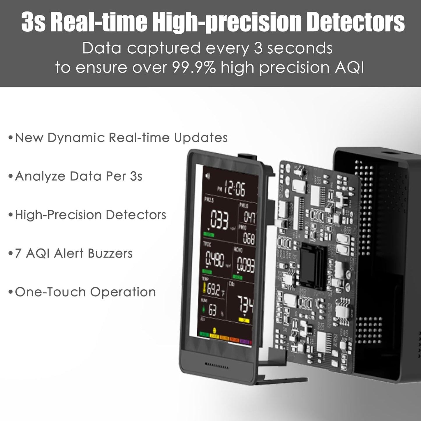Professional Indoor Air Quality Monitor with AQI Alarms, Portable Real-Time Detector for Home Cars Plants and Pets (Cold Grey)