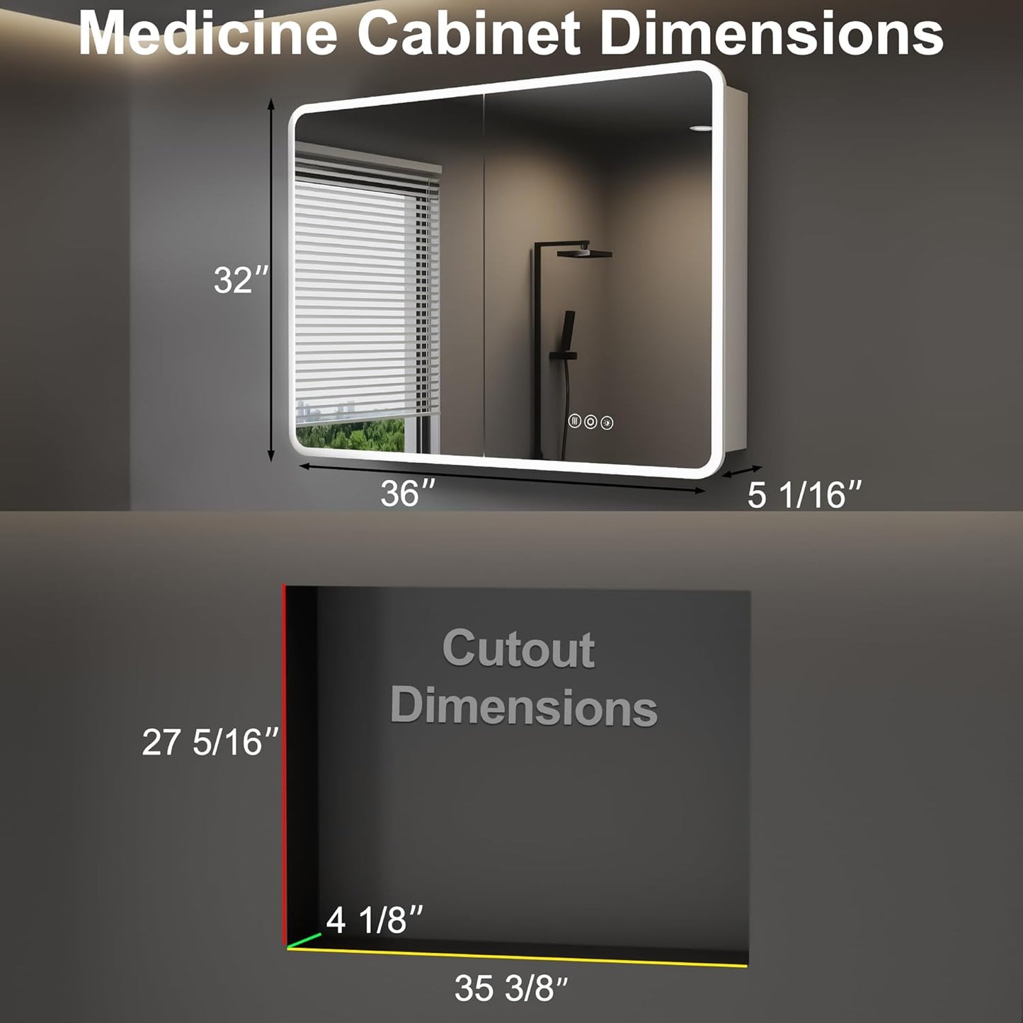 Medicine Cabinet with LED Lights and Mirror, 36 x 32 Inch Surface or Recessed Mounted Bathroom Cabinets with Door, Defogger, Memory Function, 3-Color Mode, Outlet&USB, Dimmer, Storage