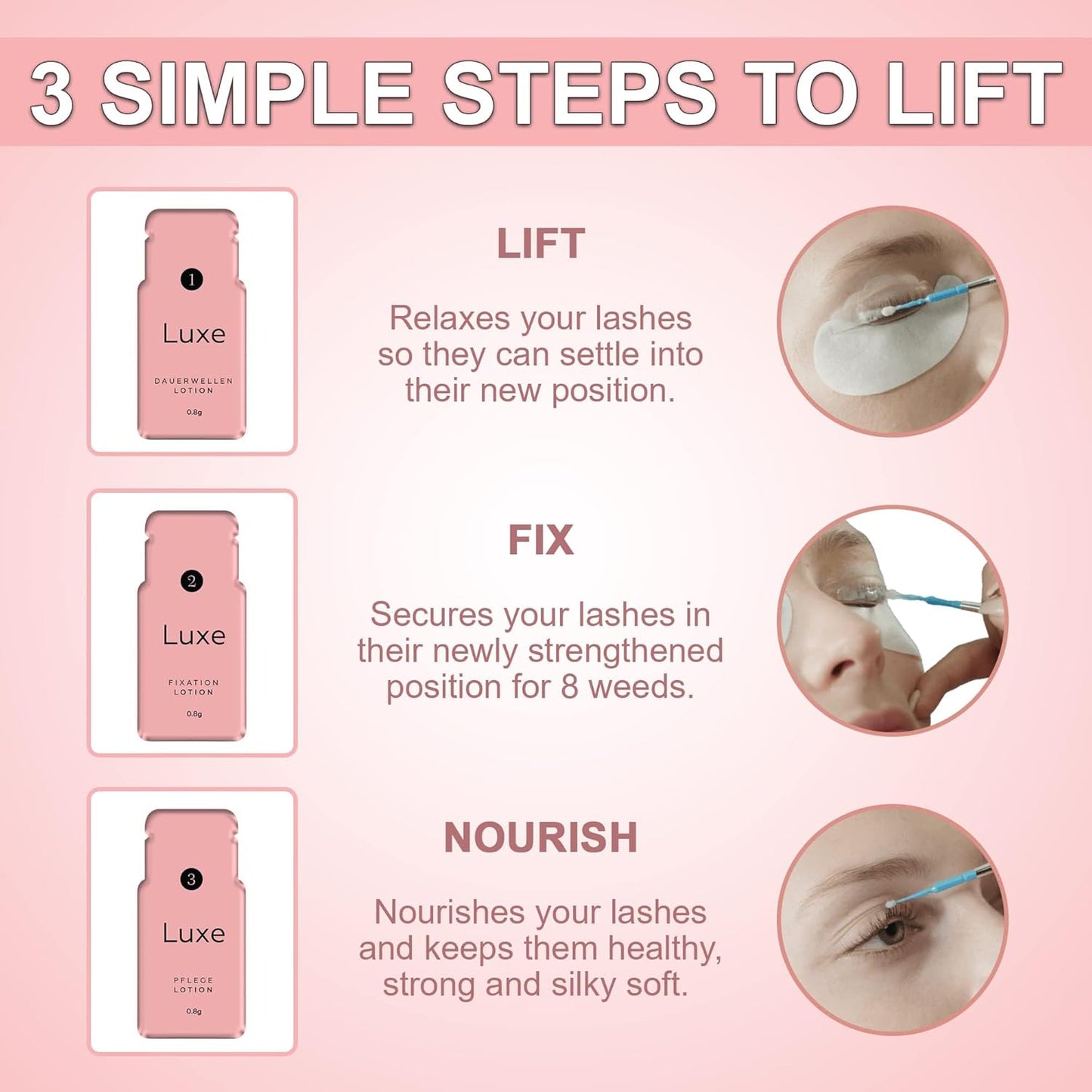 Luxe Cosmetics - Lash Lift Kit - Complete Set for Eyelash Lifting - New Pro Version - Easy to Apply and Long Lasting Finish - Professional Results up to 8 Weeks from Home- Includes 3 Applications