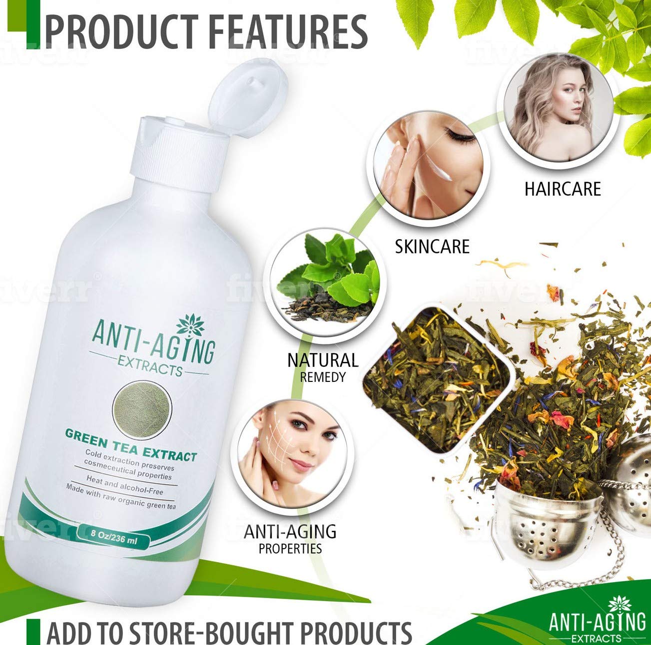 Pure Green Tea Extract for Skin and Hair – Cold-Processed Antioxidant Serum with USDA Organic Leaves – Natural - Alcohol-Free - 8 fl oz