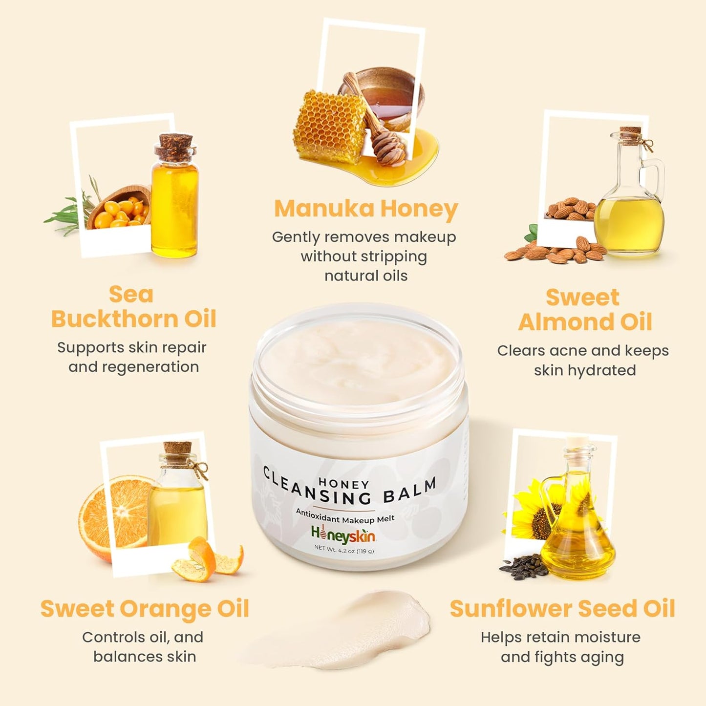 Honey Cleansing Balm Makeup Remover - Face and Eye Makeup Remover for Sensitive Skin Face Wash - Hydrating Facial Cleanser and Gentle to Face Makeup Melting Balm (4oz)