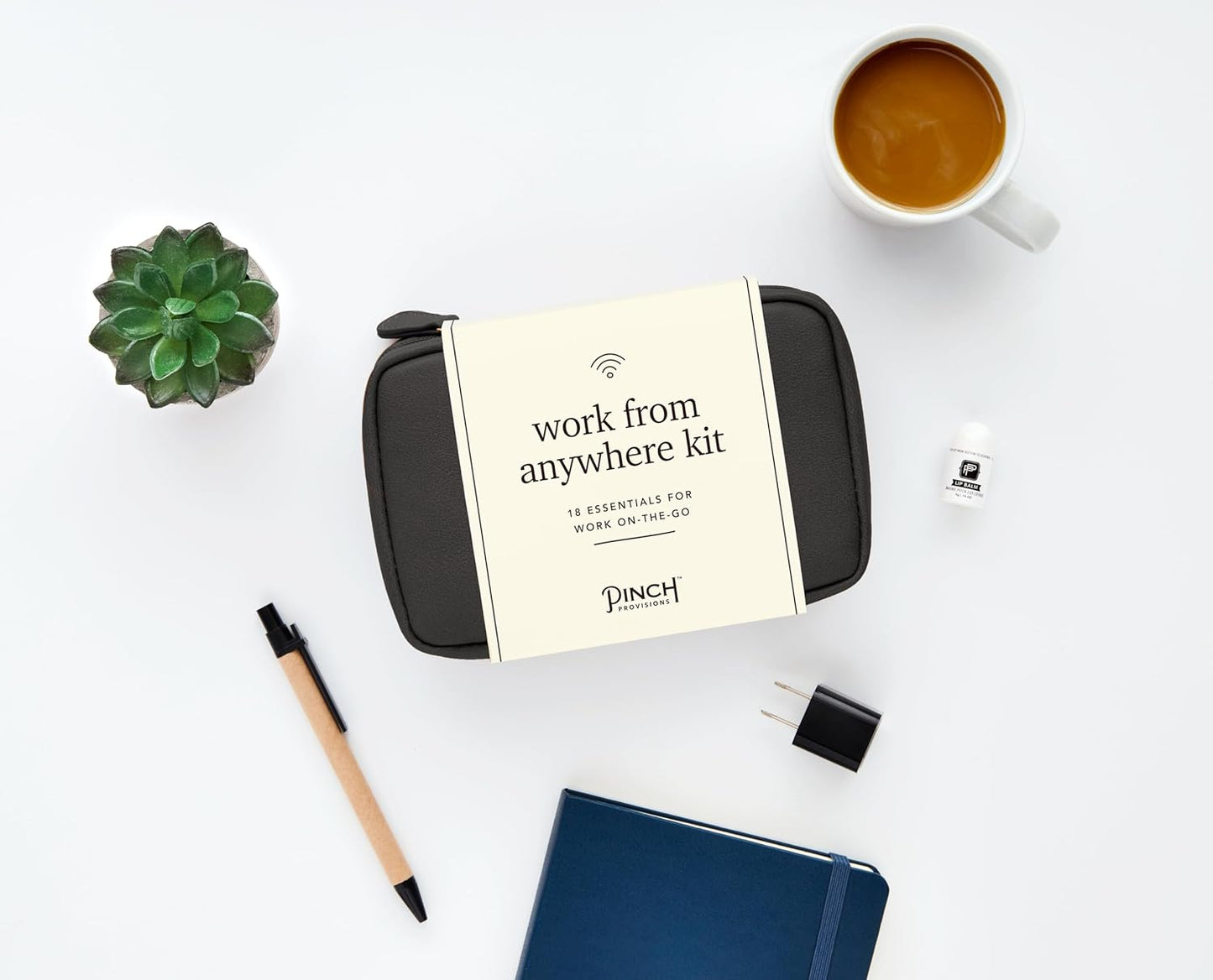 Pinch Provisions Work from Anywhere Kit, Includes 18 Essentials to Help You Stay on Task, Must-Have Essentials, Compact Multi-Functional Vegan Leather Pouch, Black