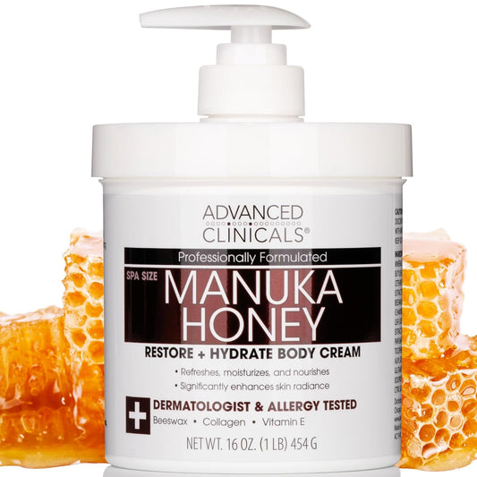 Advanced Clinicals Manuka Honey Body Cream For Women & Men | Body Butter Lotion For Extremely Dry Skin | Collagen Cream | Skincare Moisturizer Hydrating Balm Improves Look Of Aging Skin, 16 Ounce