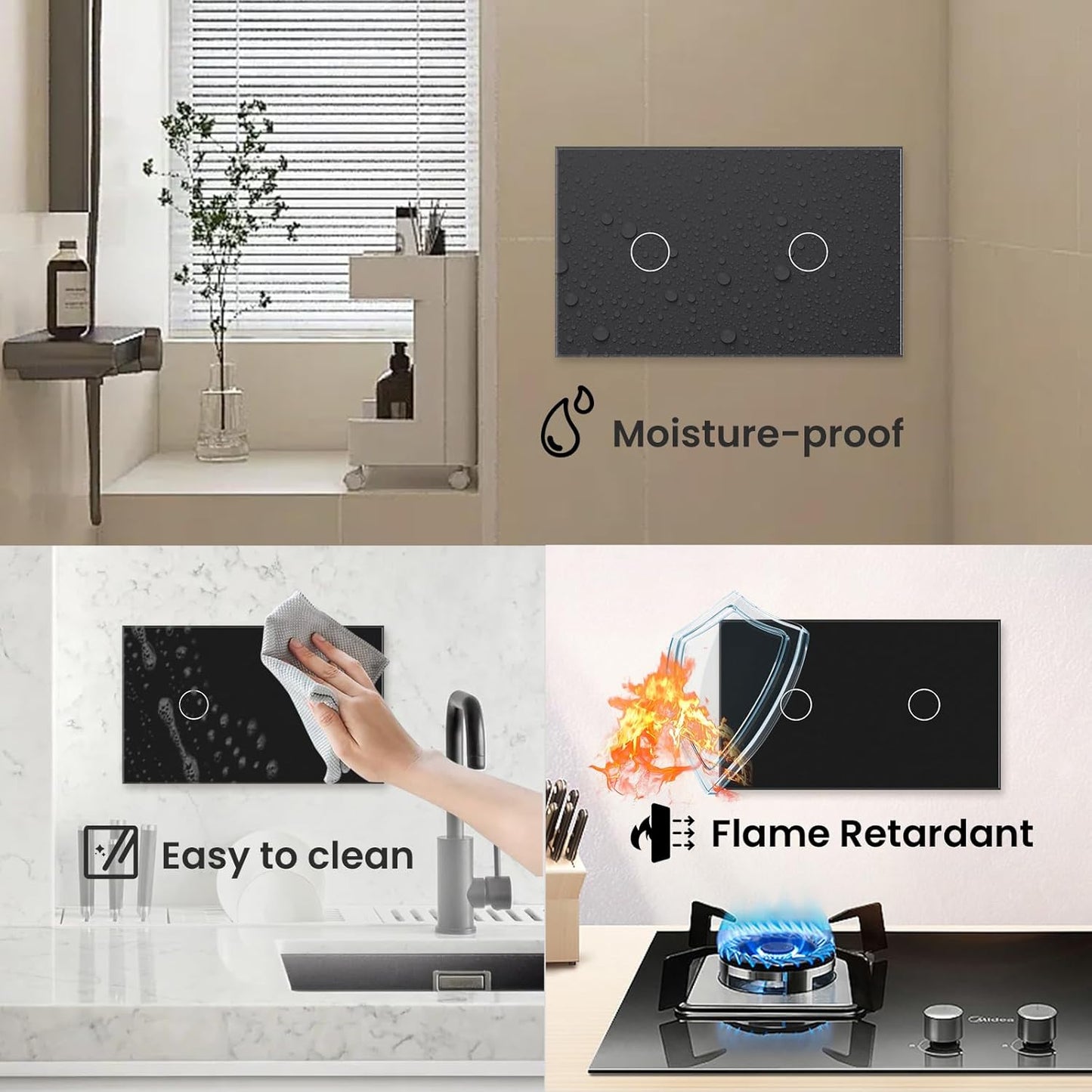 2 Way Light Switch 118X72X34MM No Neutral Wire, Wall Touch Switch 1000W, Tempered Glass Panel, FCC, Black 2 Gang