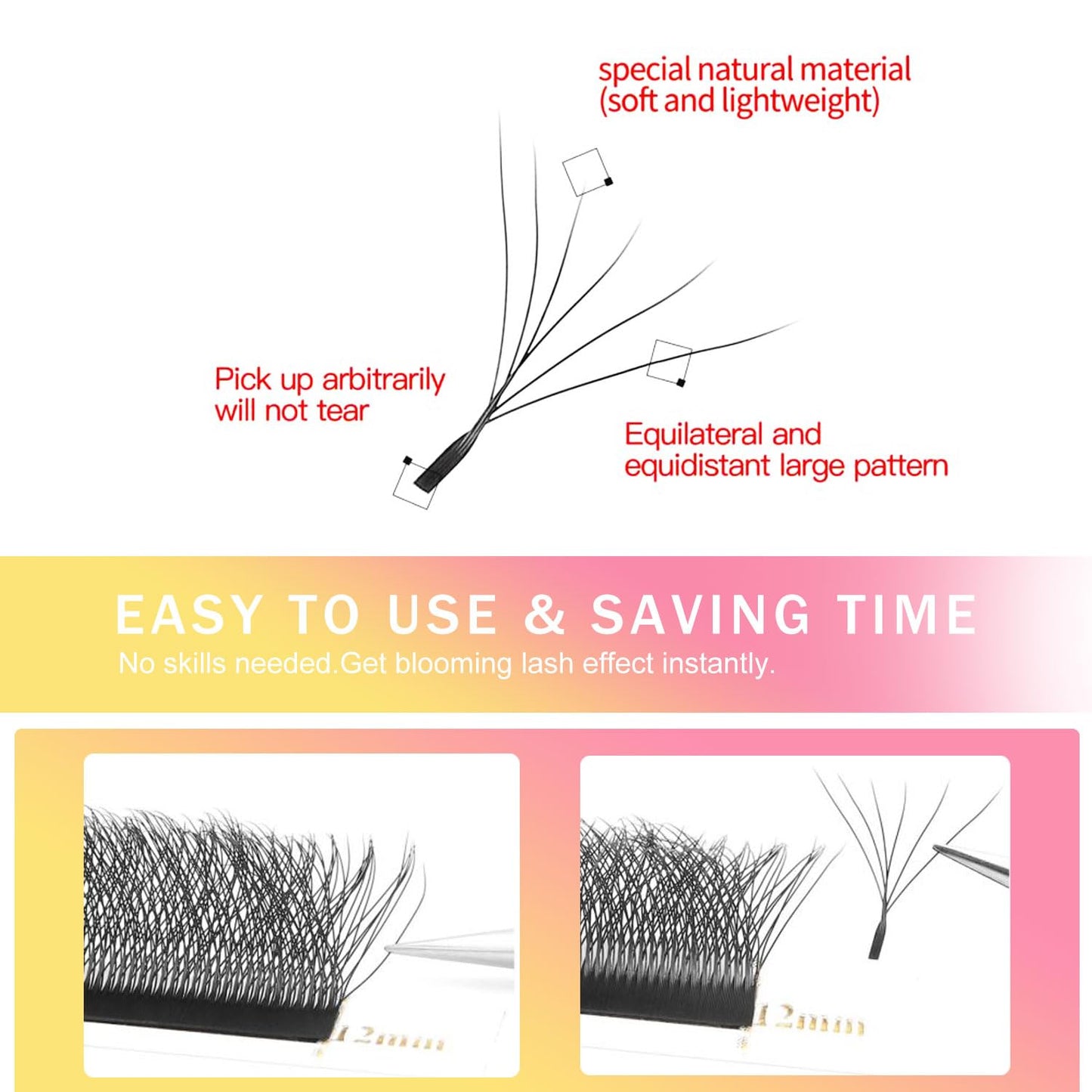 Lash Extensions 6D Eyelash Extensions W Lashes 0.07mm Thickness C Curl Lashes 8mm Soft Lash Trays Pestañas Pelo a Pelo Natural Matte Black False Eyelashes Individual Lashes(W-6D-0.07-C,8mm)