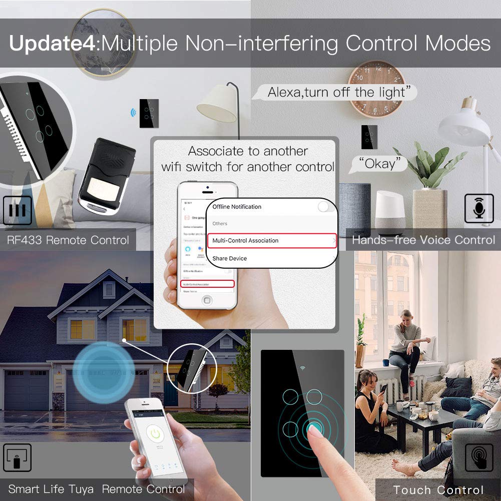 MOES 2.4GHz WiFi Wall Touch Smart Switch Neutral Wire Required, 3 Way Multi-Control, Glass Panel Light Switch Work with Smart Life/Tuya App, RF433 Remote Control, Alexa and Google Home Black 2 Gang