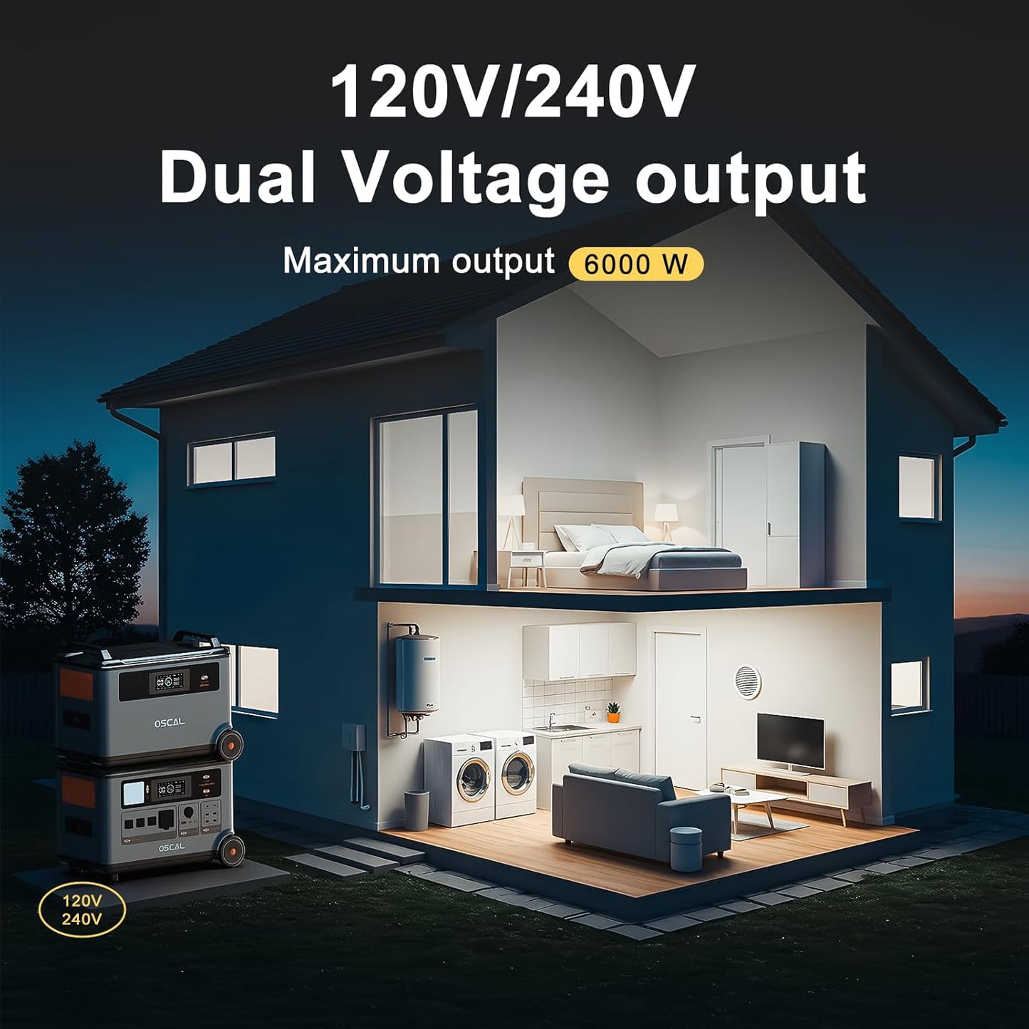 OSCAL PowerMax 6000 Solar Generator, 120/240V Split Phase Voltage 6000W AC Outlets (9000W Peak), 3600Wh Power Station Expandable to 57.6kWh, LFP Battery, 2200W/1.96H Fast Charging, Emergency for Home