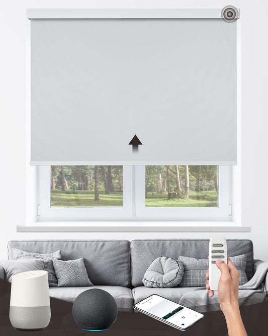 AIVIDIG Motorized Roller Automatic Shade with Remote Control, 100% Blackout Electric 21-98” Width Blinds for Windows with Alexa Google Home, Rechargeable Smart Customized Size（Waterproof-Light Grey）