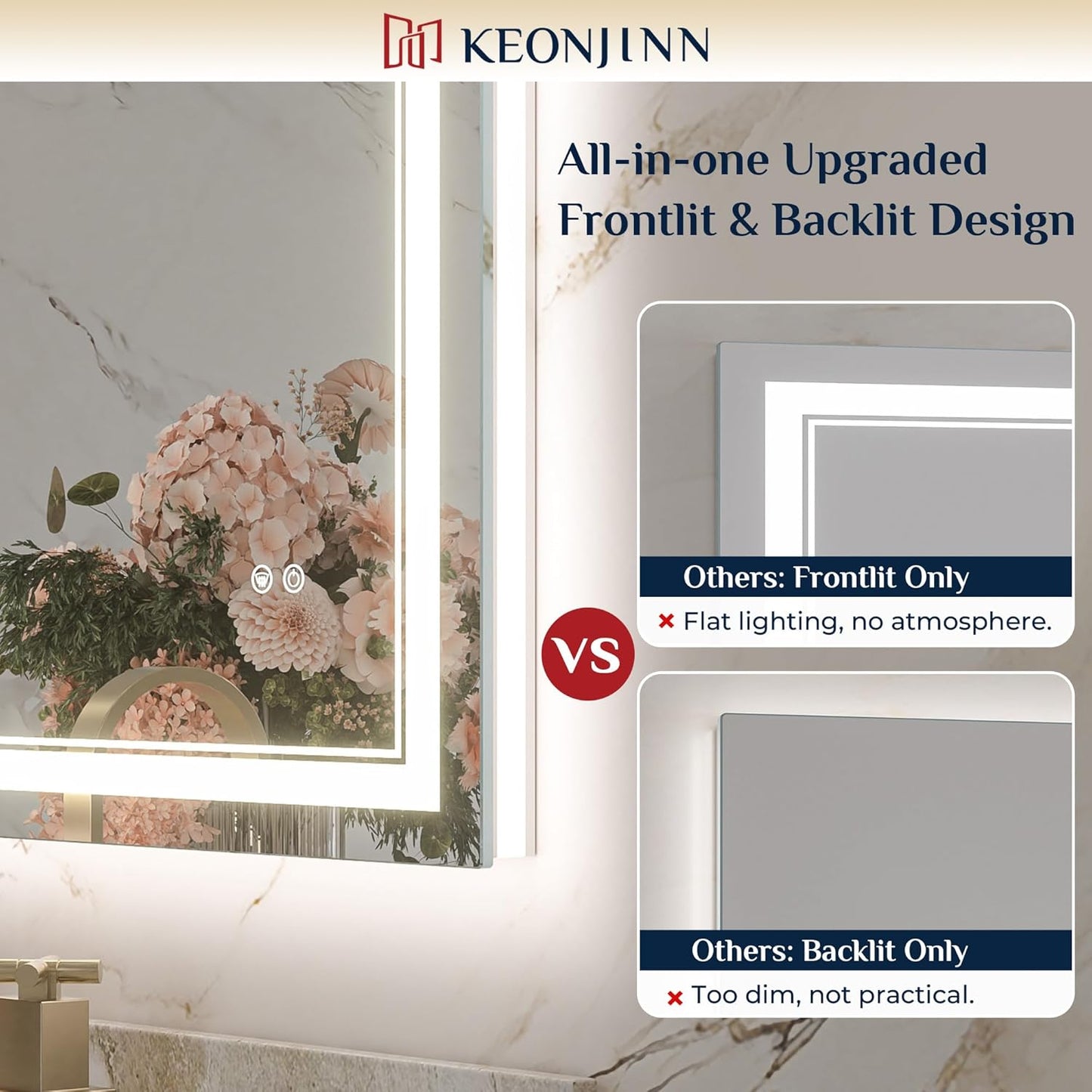 Keonjinn 32" x 36" LED Bathroom Mirror, Frontlit & Backlit Bathroom Mirror with Lights, 3 Color Lights, Dimmable, Defogging, Tempered Glass, Smart Memory Function, Light Up Mirror for Wall