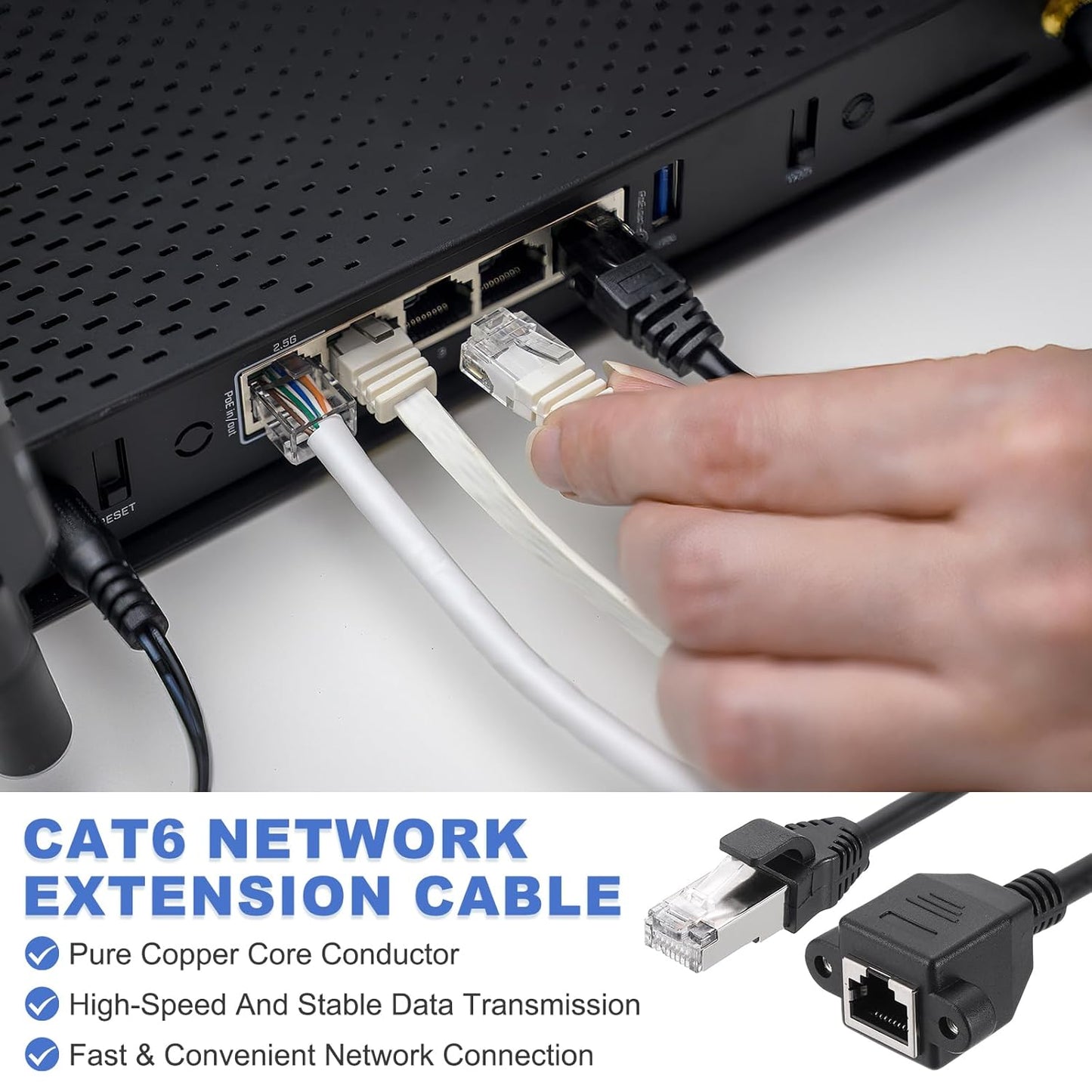 MECCANIXITY Cat5 Ethernet Extension Cable, 2Ft RJ45 Male to Female Screw Panel Mount Ethernet Cable Extender with 2pcs Screw for Router Modem PC Laptop Smart TV Printer