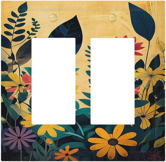 Abstract Minimalist Floral Botanical Boho Flower Outlet Covers Light Switch Cover Plate 2 Gang Double Rocker Wall Plates Decorative Switch Plates Plug Cover Electrical GFCI Receptacle 4.9 X 5 IN