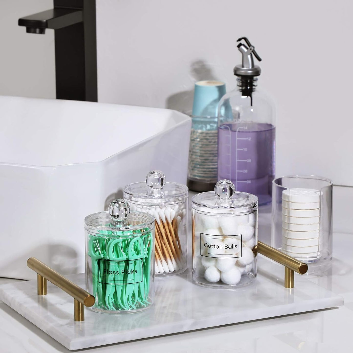 AOZITA 4 Pcs, Acrylic Qtip Holder Dispenser for Cotton Swab, Ball, Round Pads, Floss Picks - Clear Plastic Apothecary Jar Set for Bathroom Canister Storage Organization, Vanity Makeup Organizer
