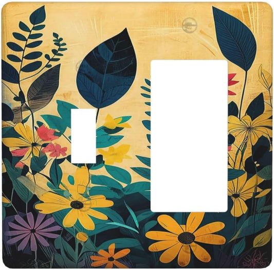 Abstract Minimalist Floral Botanical Boho Flower 2 Gang Combo 1 Toggle 1 Rcoker Light Switch Covers Decorative Switch Plates Electrical Switch Plates and Outlet Covers for Home Art Decor 4.5 X 4.5 IN