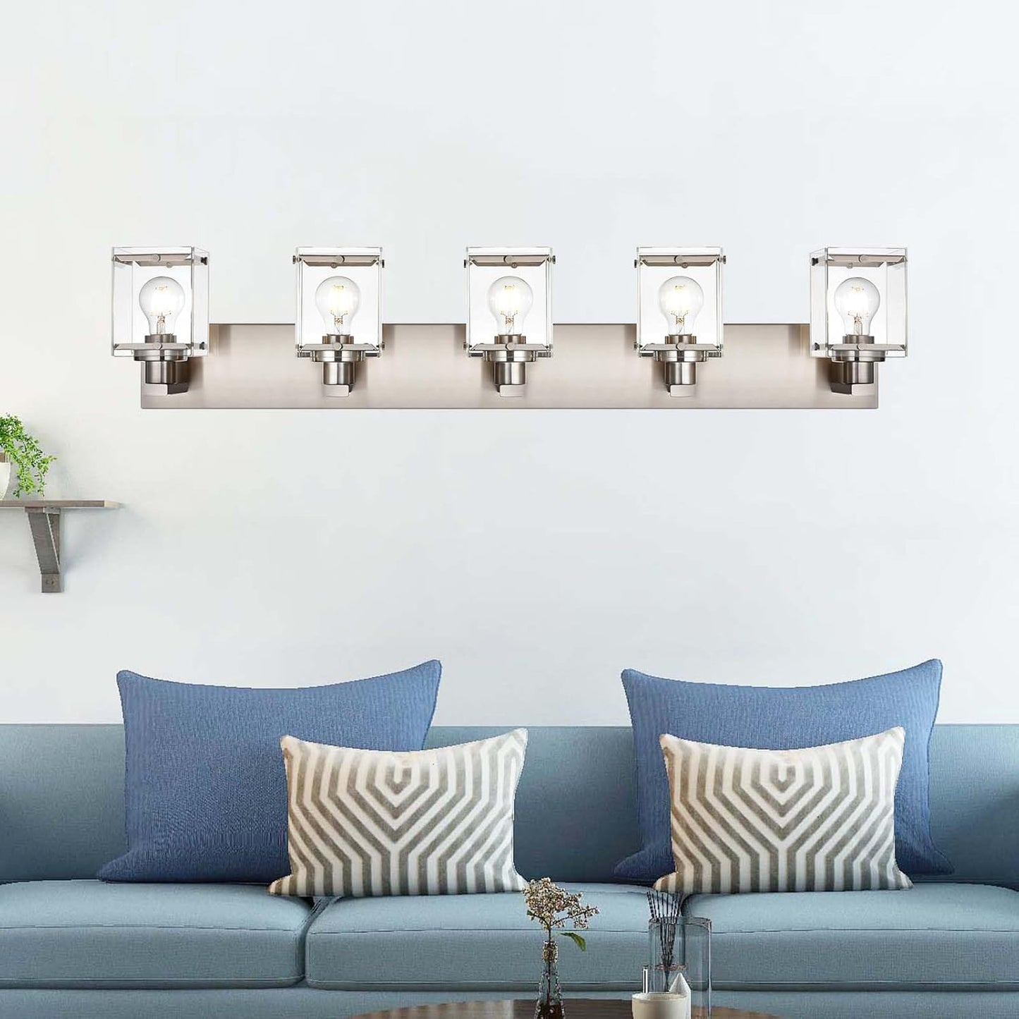 5-Lights Brushed Nickel Bathroom Wall Light with Clear Glass Shade, E26 Bulb Base Vanity Lighting Fixtures Over Mirror for Kitchen Cabinet Bedroom