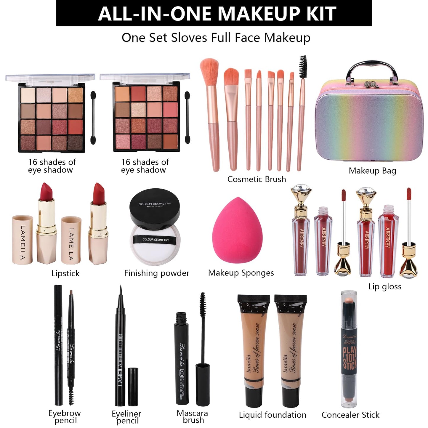 Makeup Kit for Teen Girls,All in One Makeup Kit for 2X16 Colors Eyeshadow Liquid Foundation Eyeliner Pencils Contouring Stick Lip Gloss Eyebrow Pencils 8Pcs Makeup Brushes etc (rainbow)