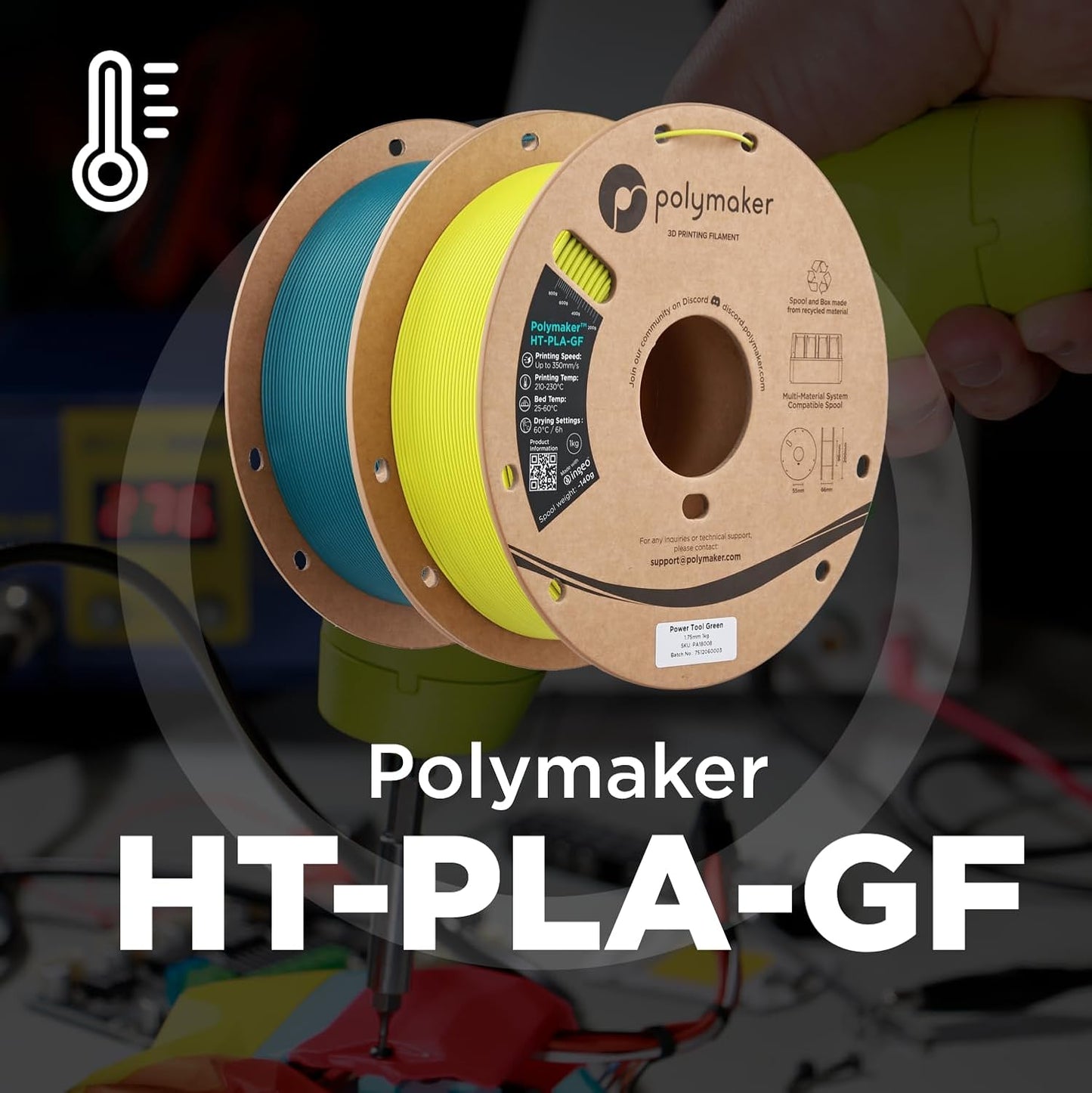 Polymaker HT-PLA-GF Filament 1.75mm Grey, High Temp PLA for 3D Printing, Heat Resistant to 150°C, Easy to Print, Easy to Anneal, Works with Most FDM Printers, 1kg Spool