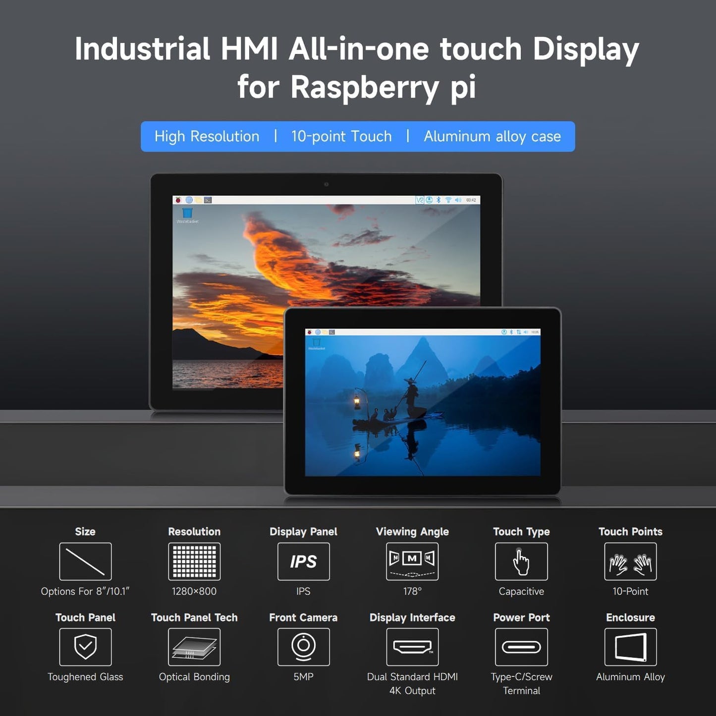 Industrial HMI All-in-one Touch Display for Raspberry Pi 4 5, 8inch Screen Monitor, Dual 4K HDMI Output, 10-Point Touch @XYGStudy (RPI-HMI-080D-ACCE-B)