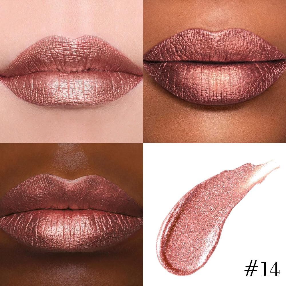 evpct Bronze Gold Metallic Glitter Lip Liner and Lipstick Combo Lip Gloss Stain Set Makeup for Women Long Lasting Waterproof 24, Rose Gold Metallic Shimmer Frosted Iridescent Glossy Liquid Lipstick 14
