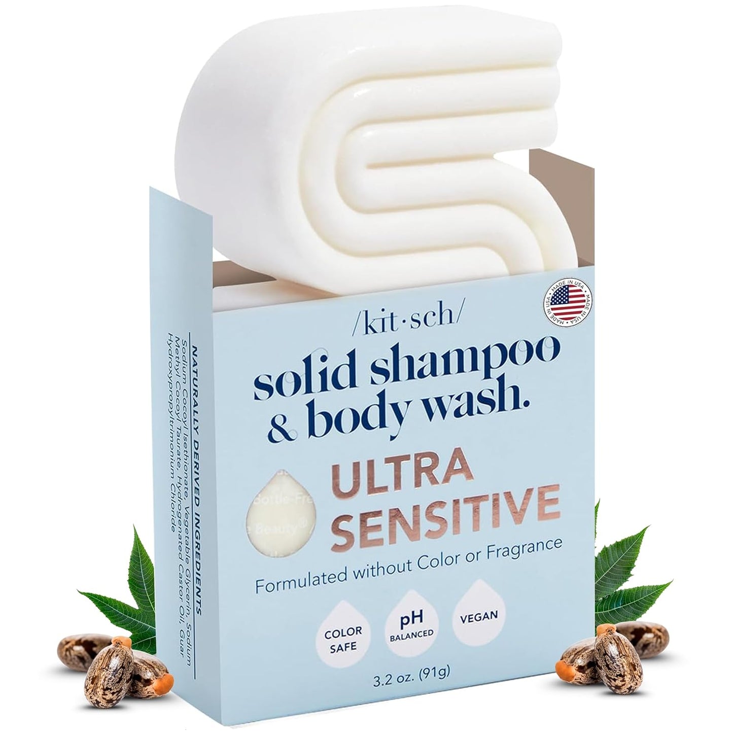 Kitsch 2-in-1 Shampoo Bar and Body Wash - Ultra Sensitive, Vegan & Natural, 5-Ingredient Formula Bar Soap for Hair & Body - Scent-Free, Paraben-Free - For Sensitive Scalp & Skin - 3.2 oz