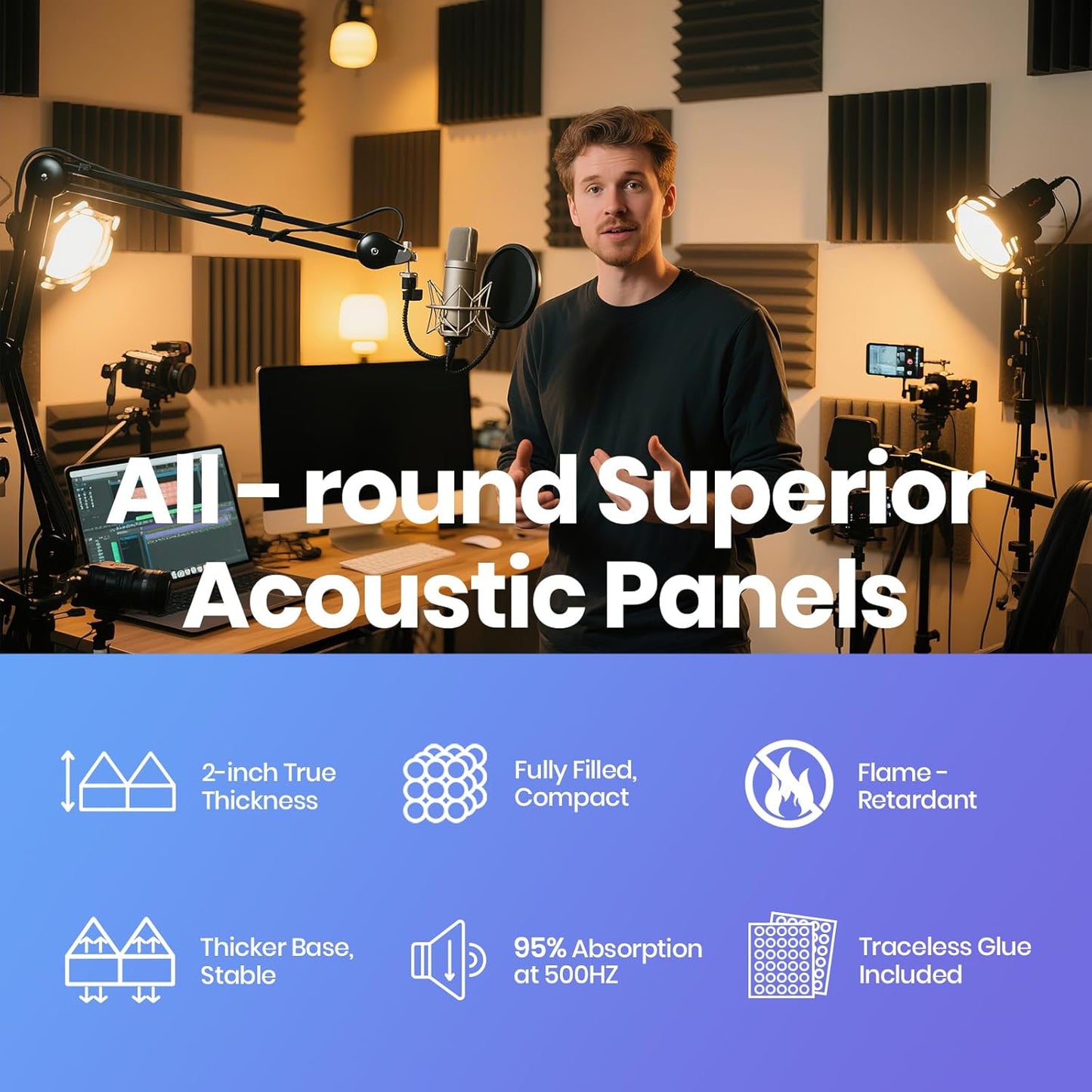 Focusound White Acoustic Panels 50 Pack 2"x12"x12" with 300 PCS Double-Side Adhesive - Sound Proof Pyramid Foam for Walls, Home Studio Noise Absorption & Echo Control Kit
