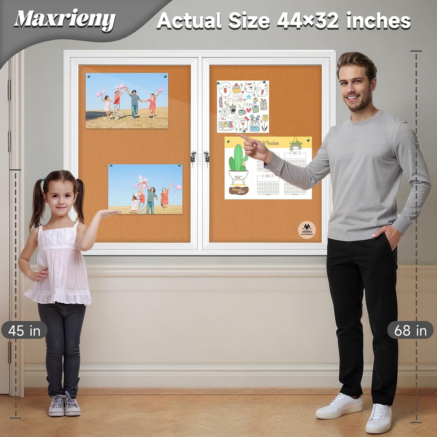 Lockable Outdoor Enclosed Bulletin Board, Weatherproof Cork Noticeboard with Locking Door, Wall-Mounted Aluminum Framed Display Case for Messages (Silver Frame & Cork, 44x32 in)