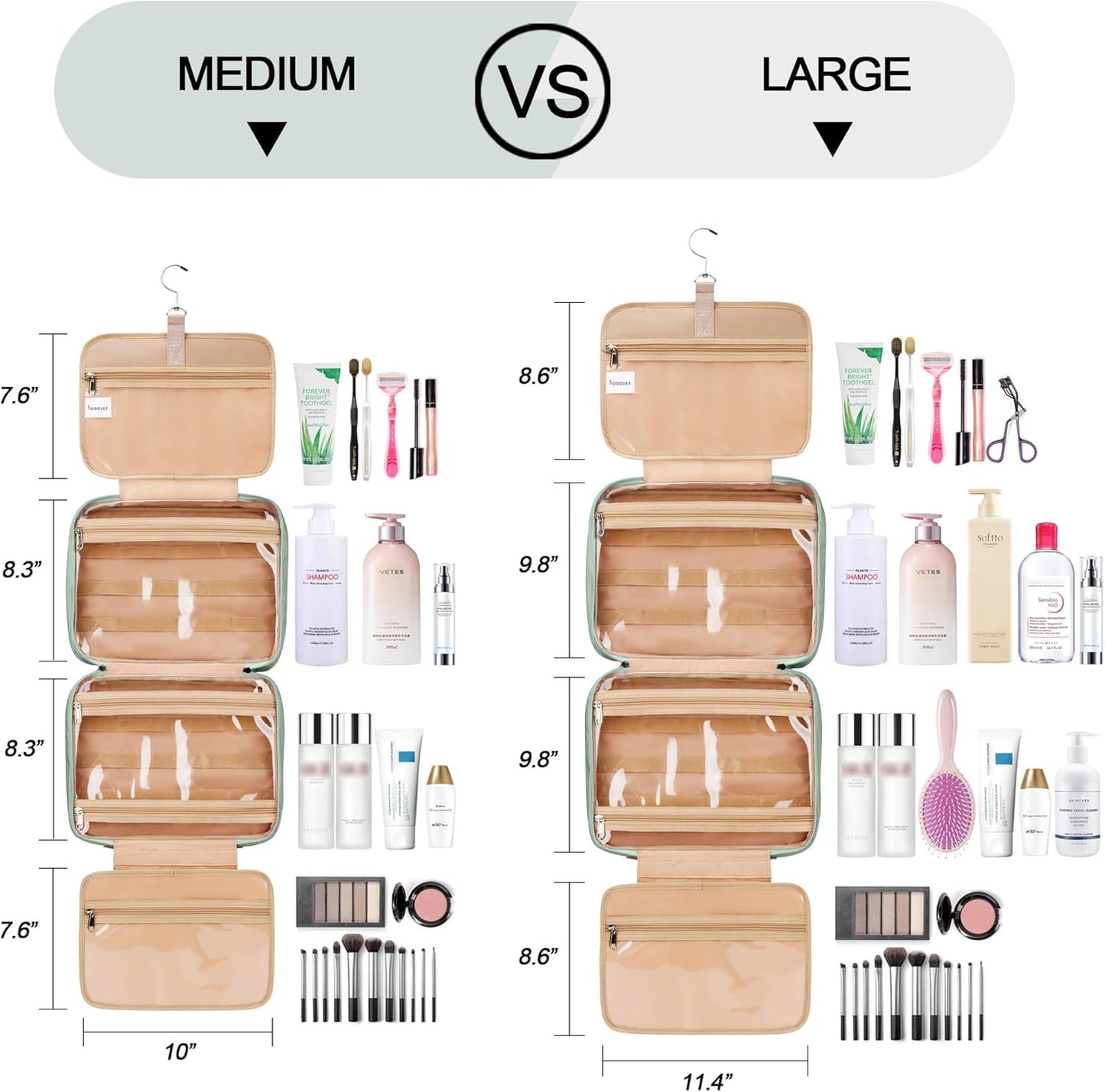 Travel Hanging Toiletry Bag for Women, Cruise Ship Essentials, with Jewelry Organizer, Extra Large Makeup Dopp Kit, Waterproof Cosmetic Bags, Toiletries Kit Set with Trolley Belt, Green