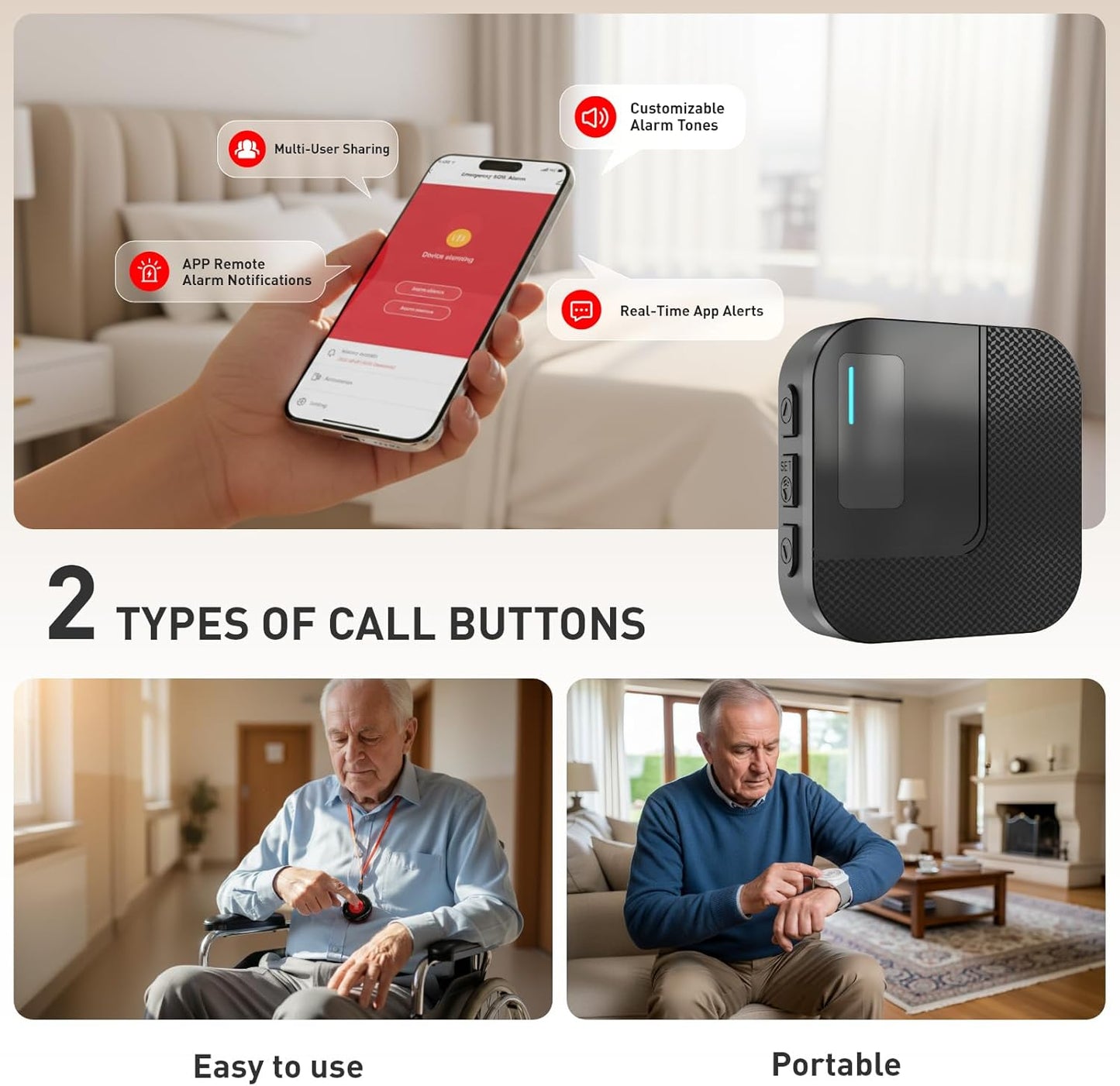 Wi-Fi Caregiver Pager System with Alert Button That Calls Cell Phone - Wireless Nurse Call Button for Elderly, Seniors, Disabled & Kids - 2 SOS Emergency Buttons & 1 Receiver (Only Supports 2.4GHz)
